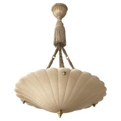 Large French Art Deco Hand-Carved White Alabaster Three-Light Chandelier, 1920s