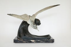 Large French Art Deco J. Loriot Seagull Sculpture in Spelter on Marble Base