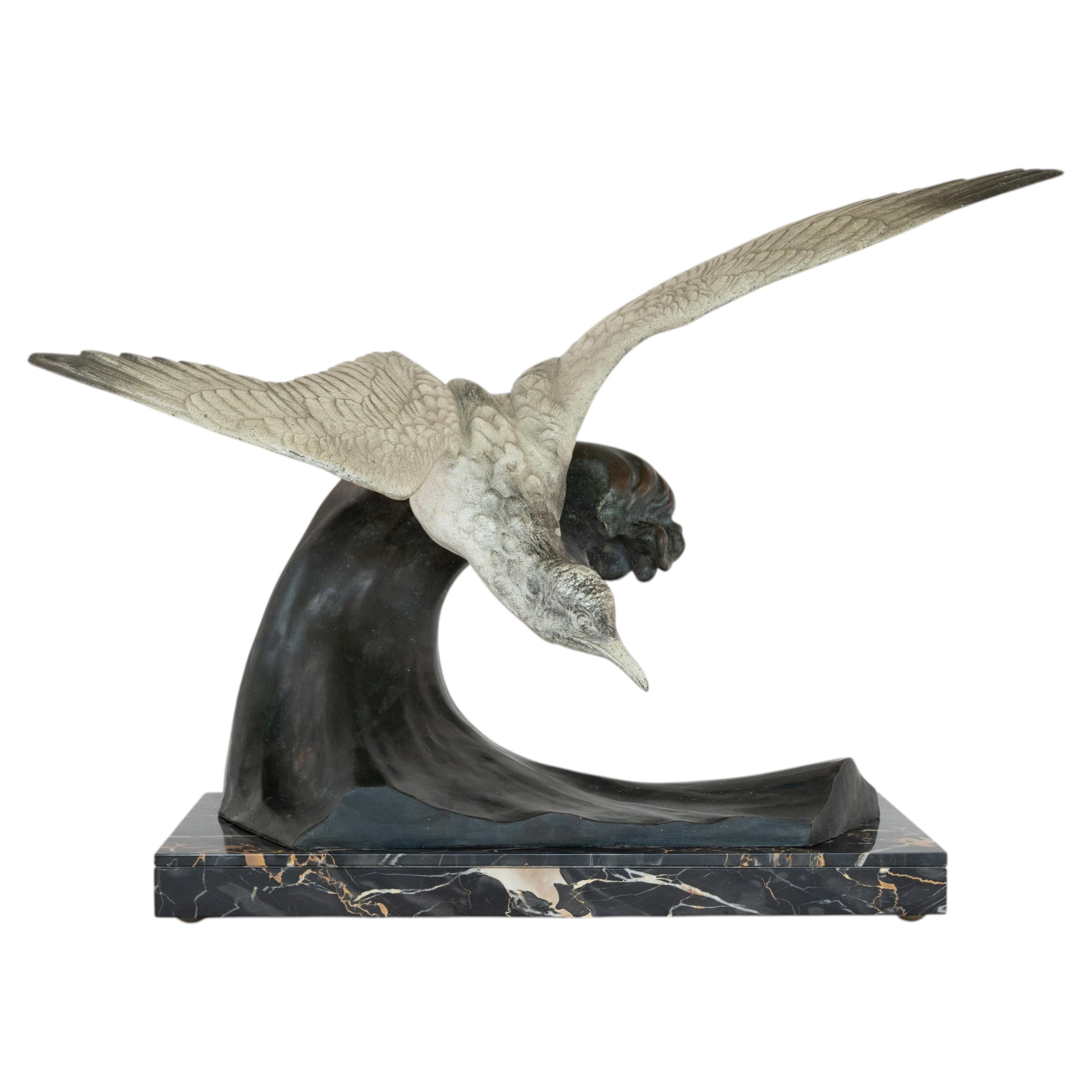 Large French Art Deco J. Loriot Seagull Sculpture in Spelter on Marble Base