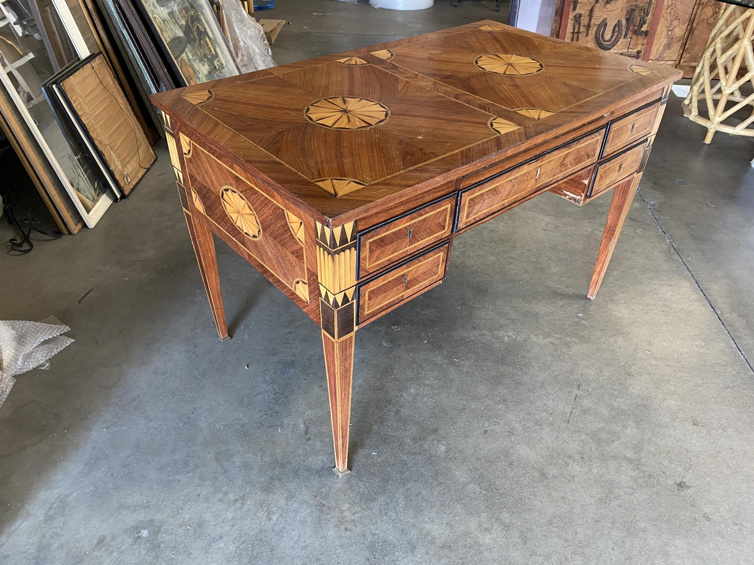 American Large French Art Deco Marquetry Inlaid Writing Desk, Circa 1900
