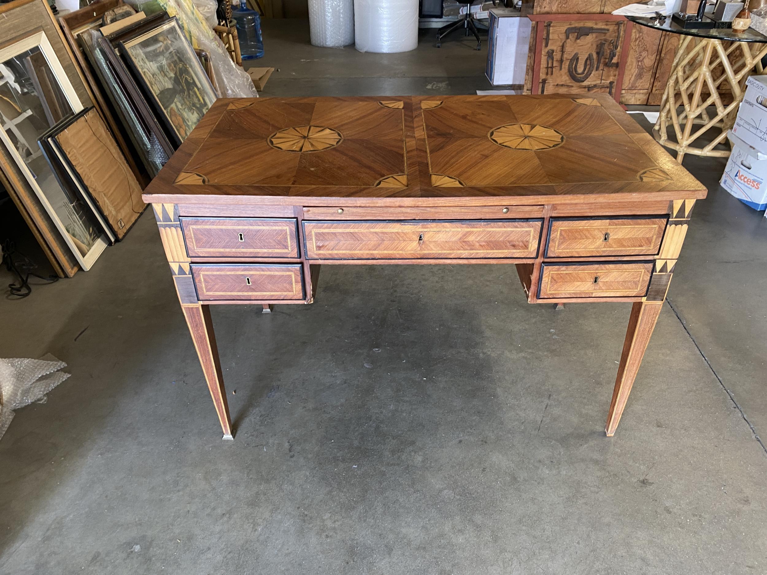 Wood Large French Art Deco Marquetry Inlaid Writing Desk, Circa 1900