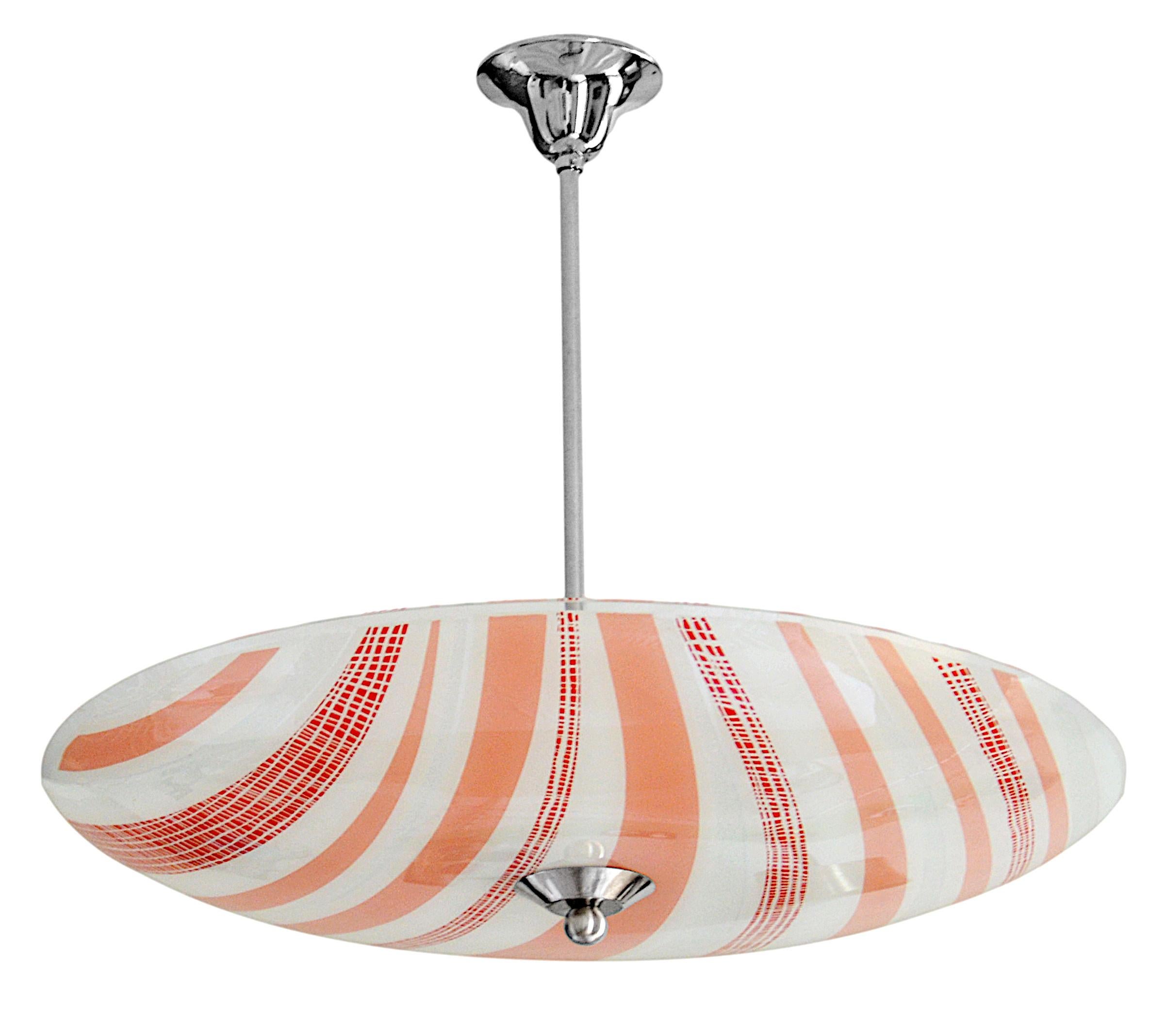 French Art Deco modernist pendant chandelier by Maxonade, France, 1920s. Large lampshade hung on its nickel-plated fixture. Height : 16
