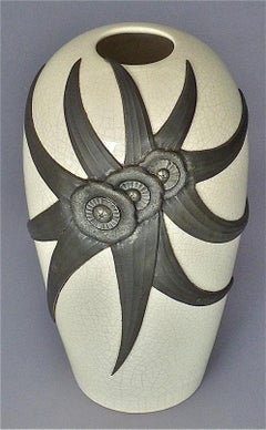 Large French Art Deco Nouveau Vase Ivory Color Crackle Ceramic Guerin, 1920s