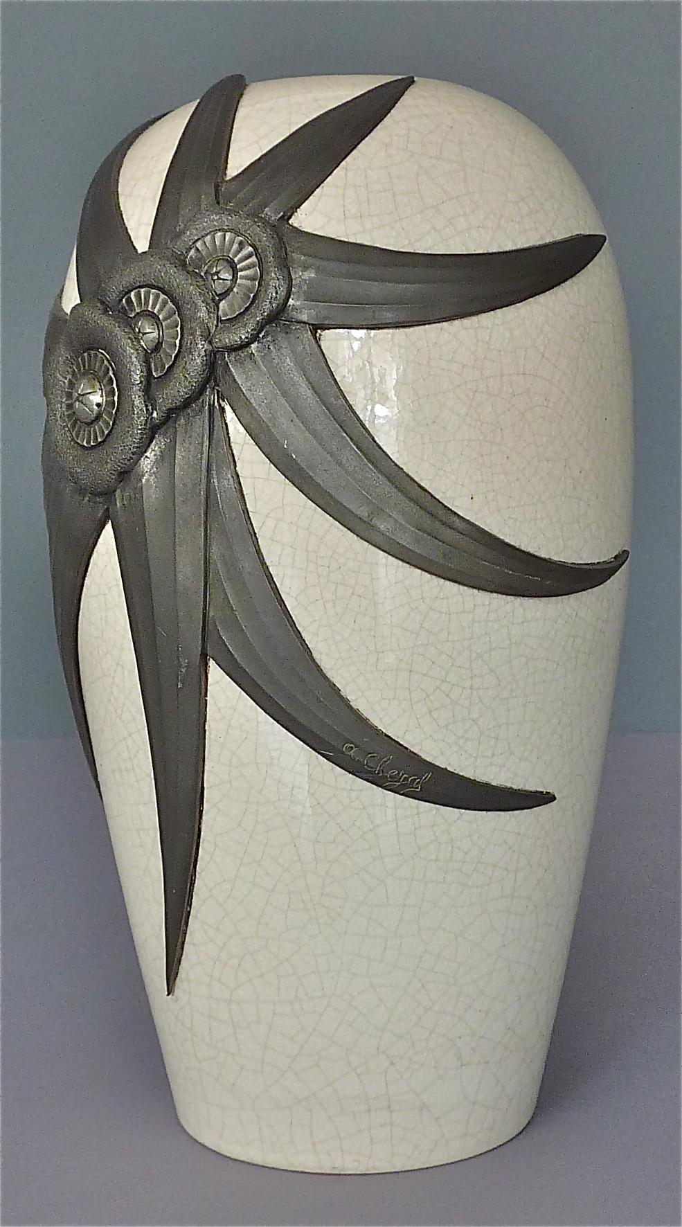 Pewter Large French Art Deco Nouveau Vase Ivory Color Crackle Ceramic Guerin, 1920s For Sale