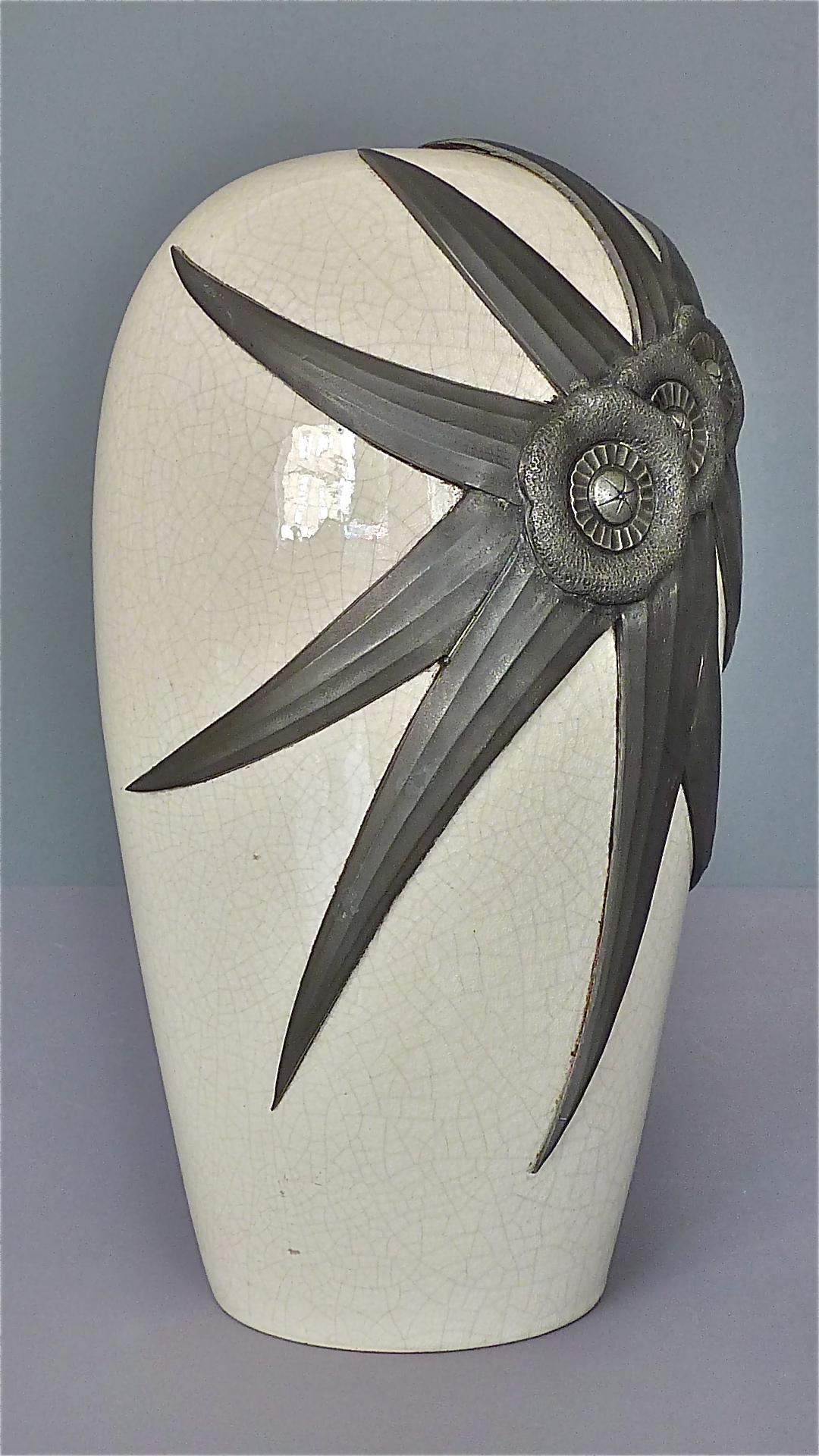 Large French Art Deco Nouveau Vase Ivory Color Crackle Ceramic Guerin, 1920s For Sale 3