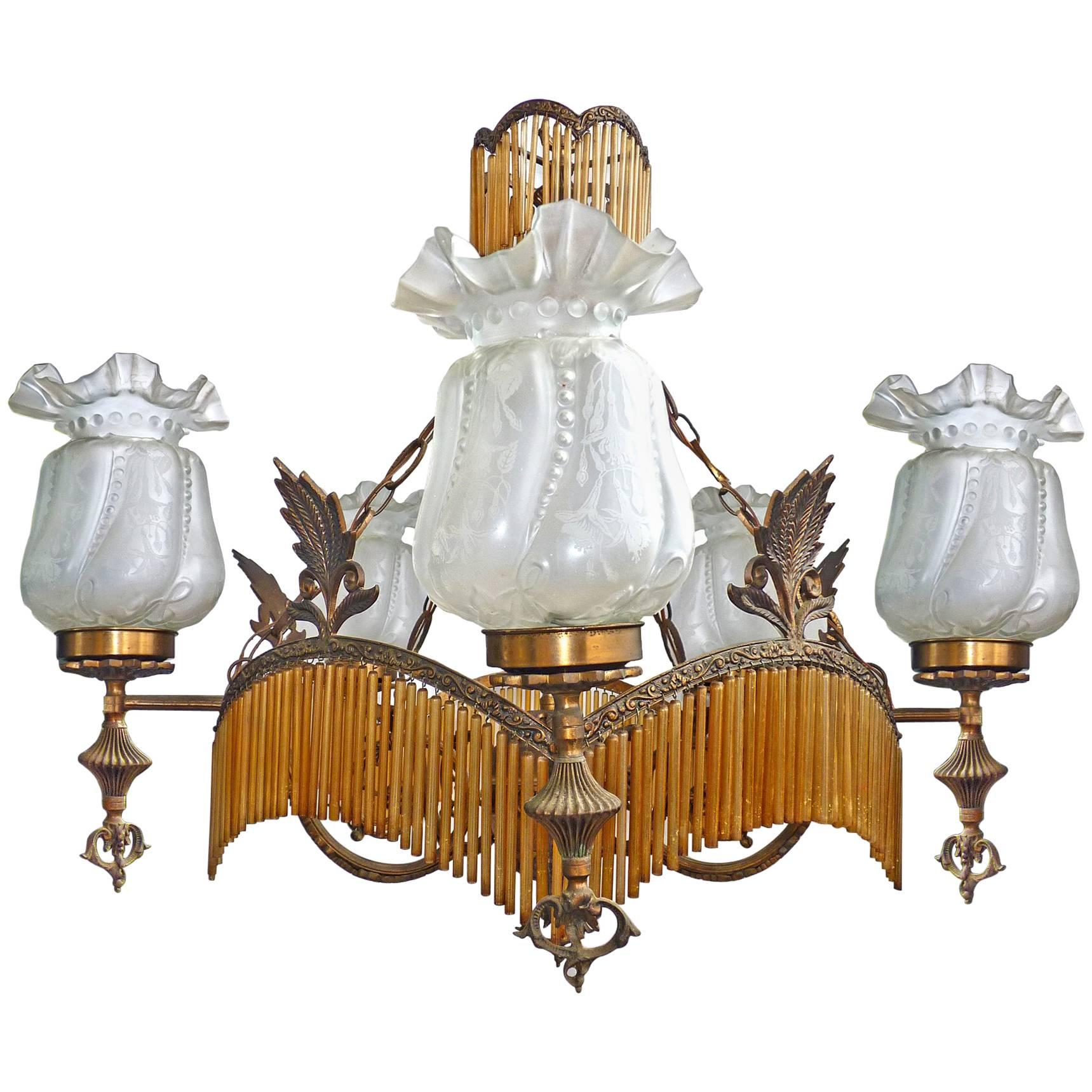 Large French Art Deco or Nouveau Amber Glass Fringe Hollywood Regency Chandelier In Excellent Condition For Sale In Coimbra, PT