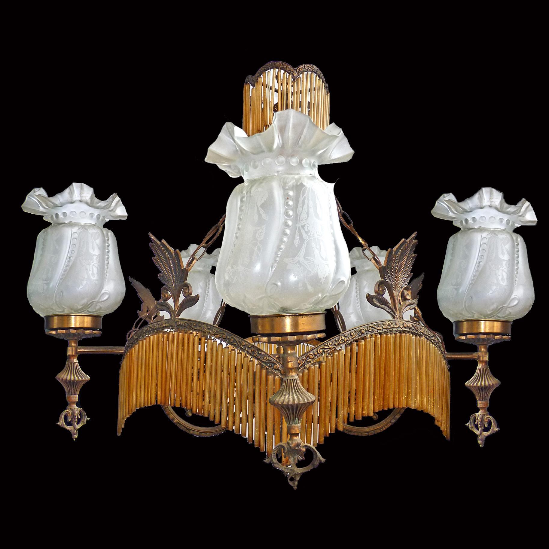 Français Grand lustre français Art Déco ou Nouveau en verre ambré à franges Hollywood Regency en vente
