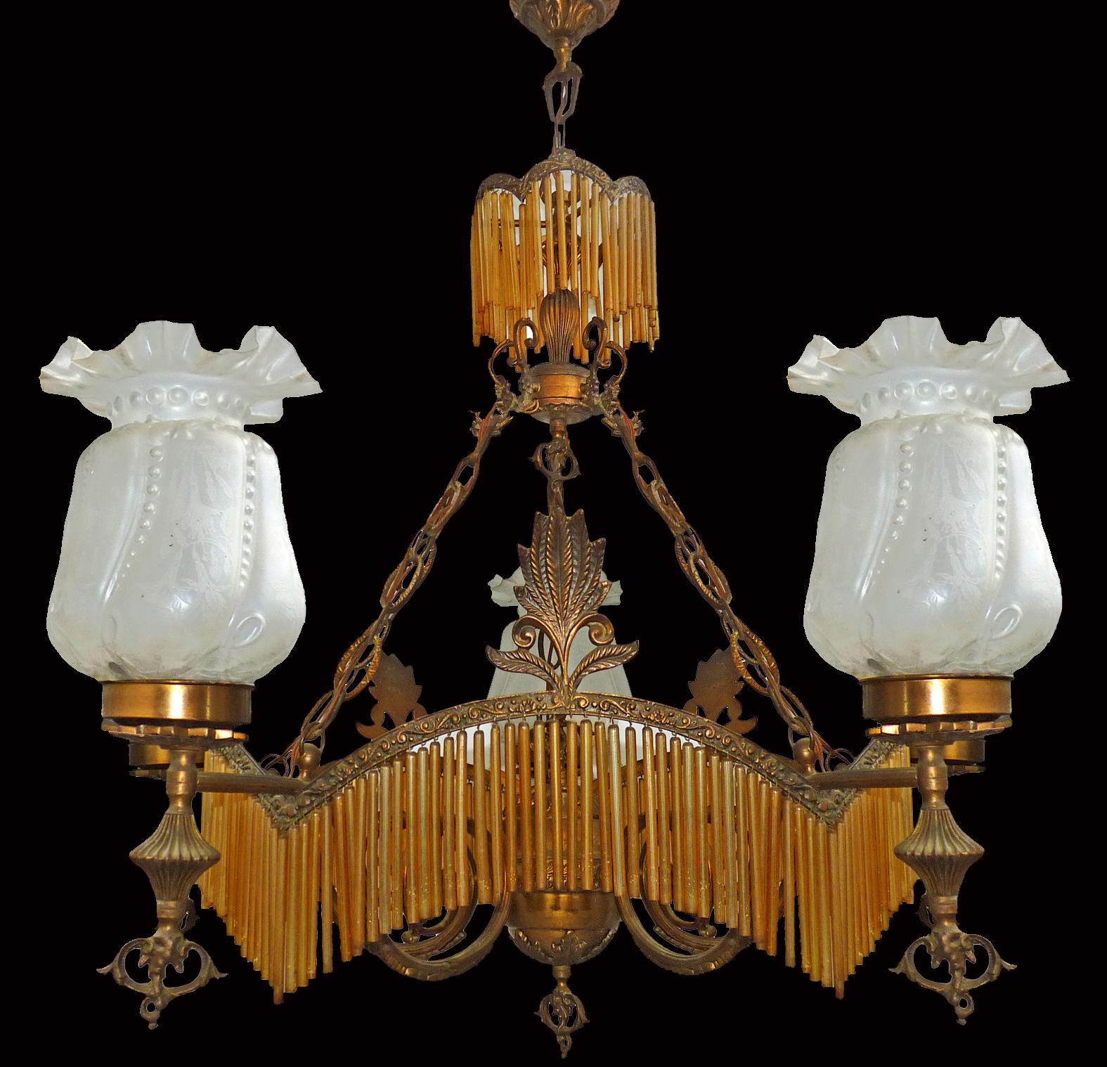 Bronze Large French Art Deco or Nouveau Amber Glass Fringe Hollywood Regency Chandelier For Sale