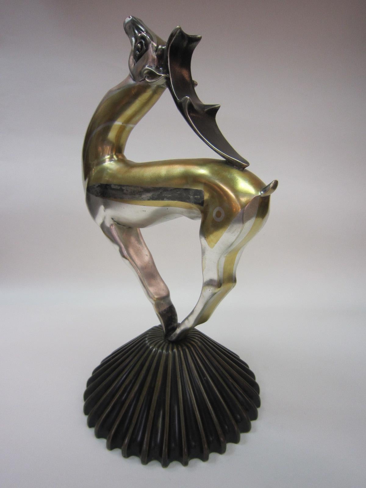 Large French Art Deco Parcel Gilt &Silver Bronze of a Stylized Gazelle A. Kéléty For Sale 8