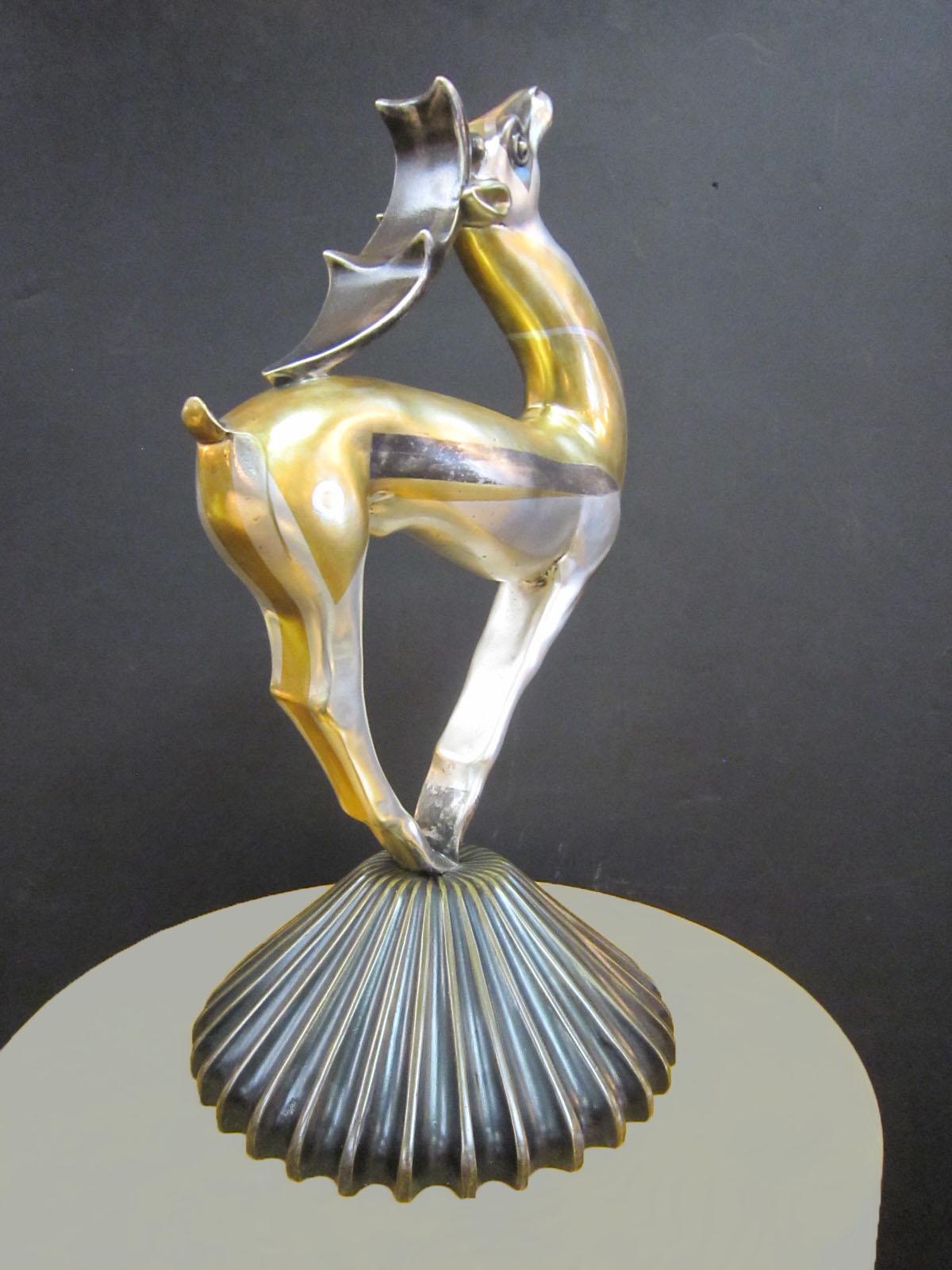 Large French Art Deco Parcel Gilt &Silver Bronze of a Stylized Gazelle A. Kéléty For Sale 9