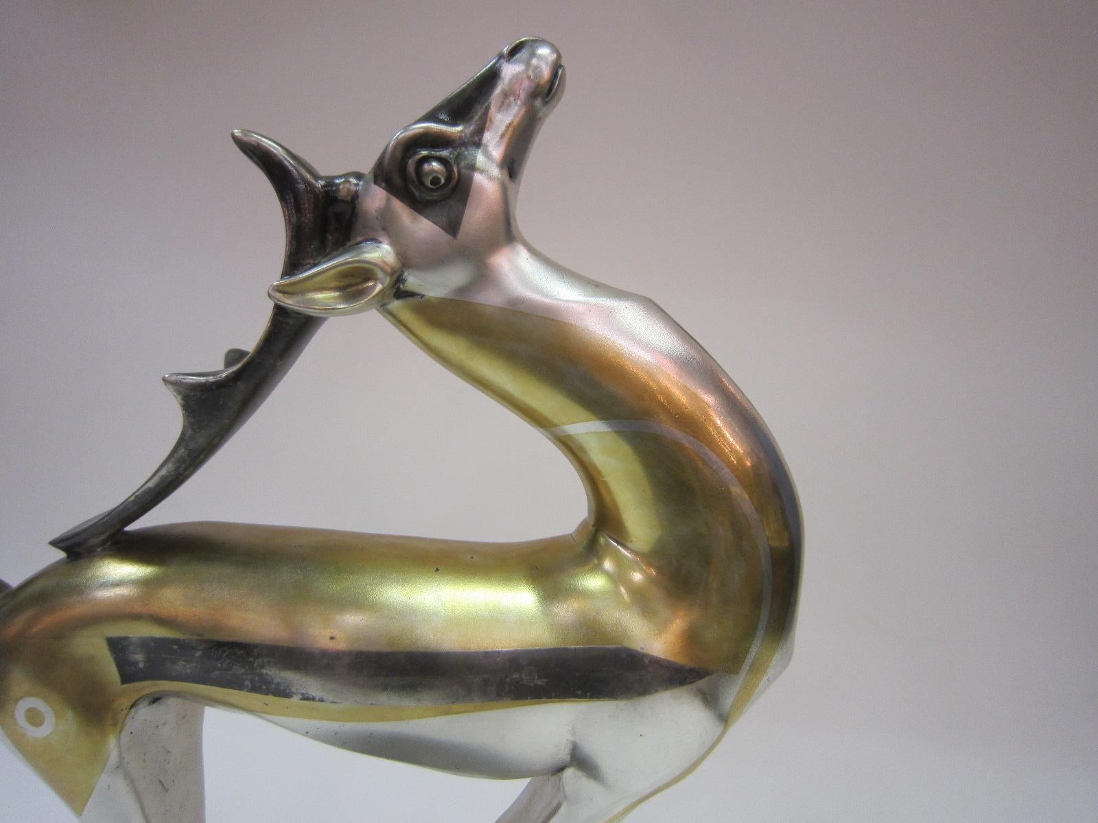 Large French Art Deco Parcel Gilt &Silver Bronze of a Stylized Gazelle A. Kéléty For Sale 1