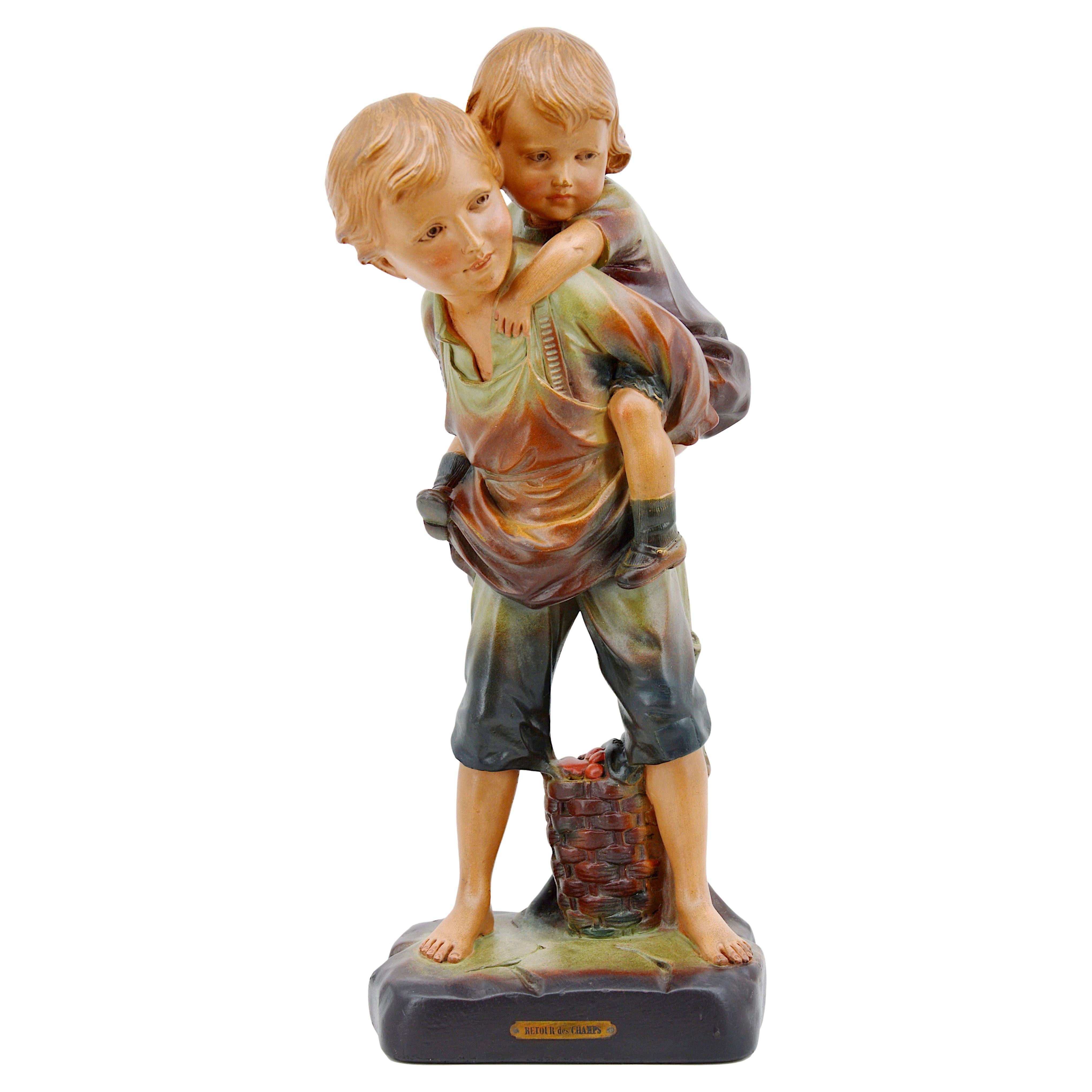 Large French Art Deco Plaster Children Sculpture, 1920s