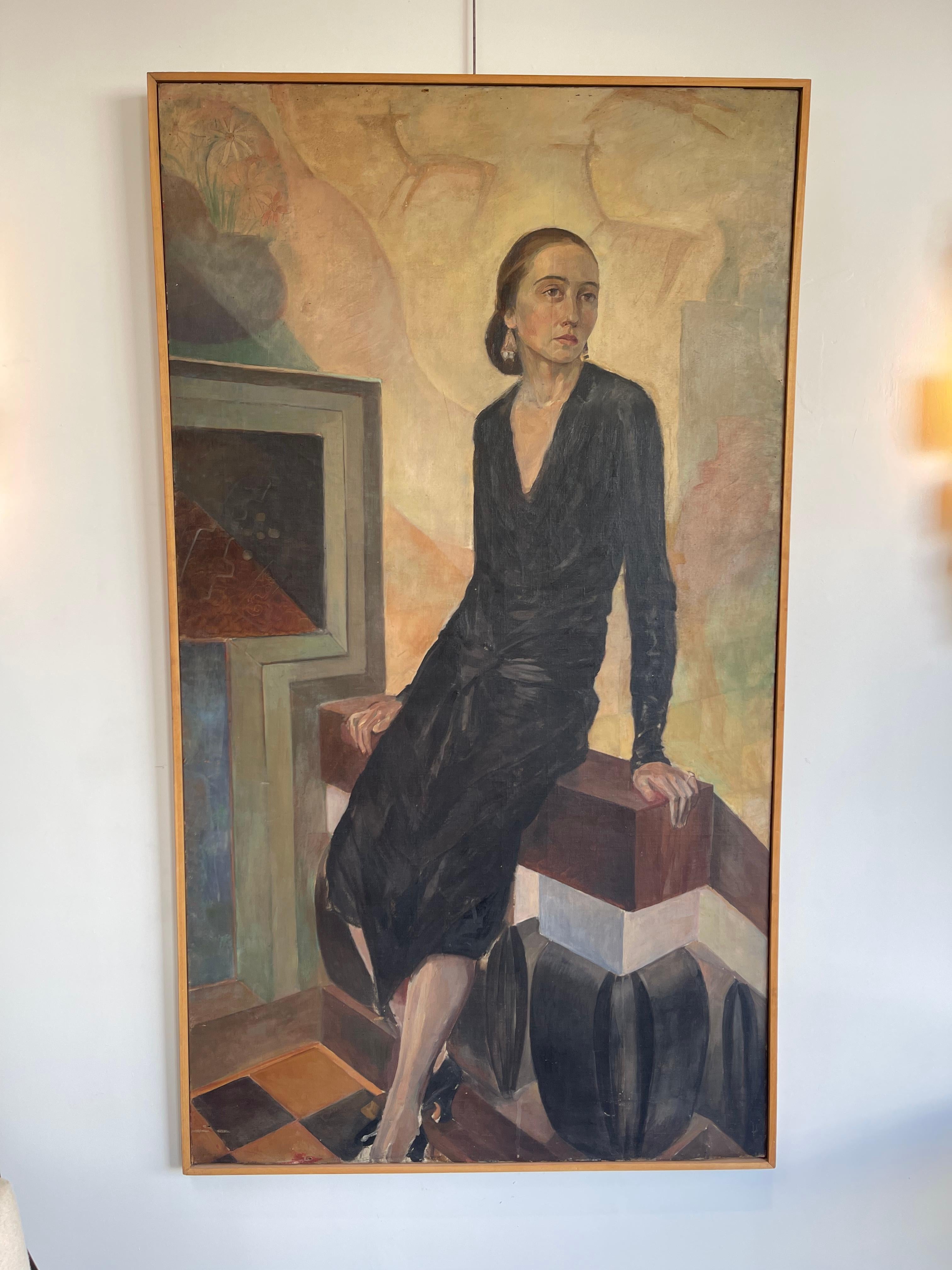 Large Art Deco portrait of Madam Dunan. Oil on Canvas with original thin wooden frame. This painting was used on the film set of 