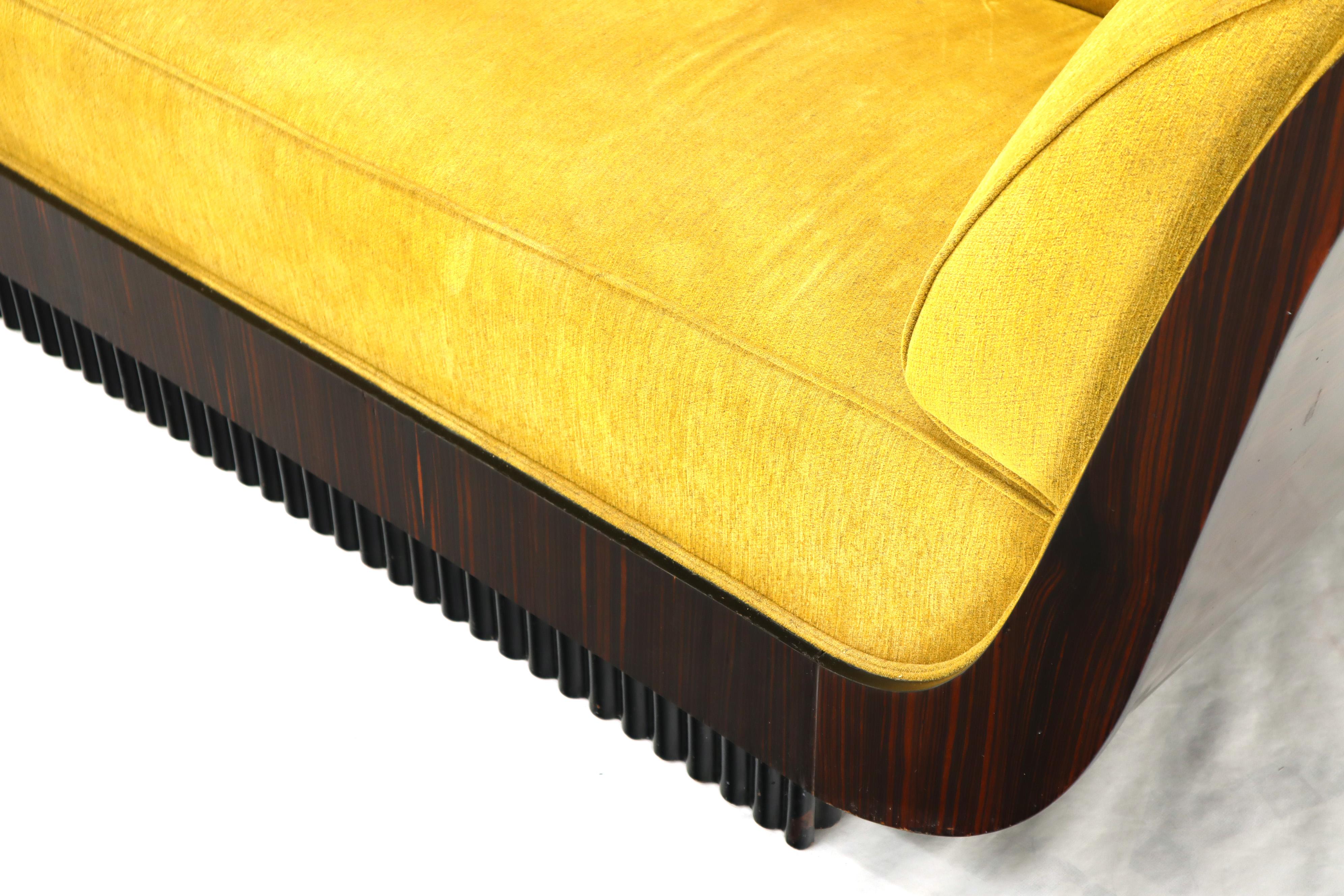 Large French Art Deco Rosewood Sofa in Gold Upholstery Scalloped Edge For Sale 3