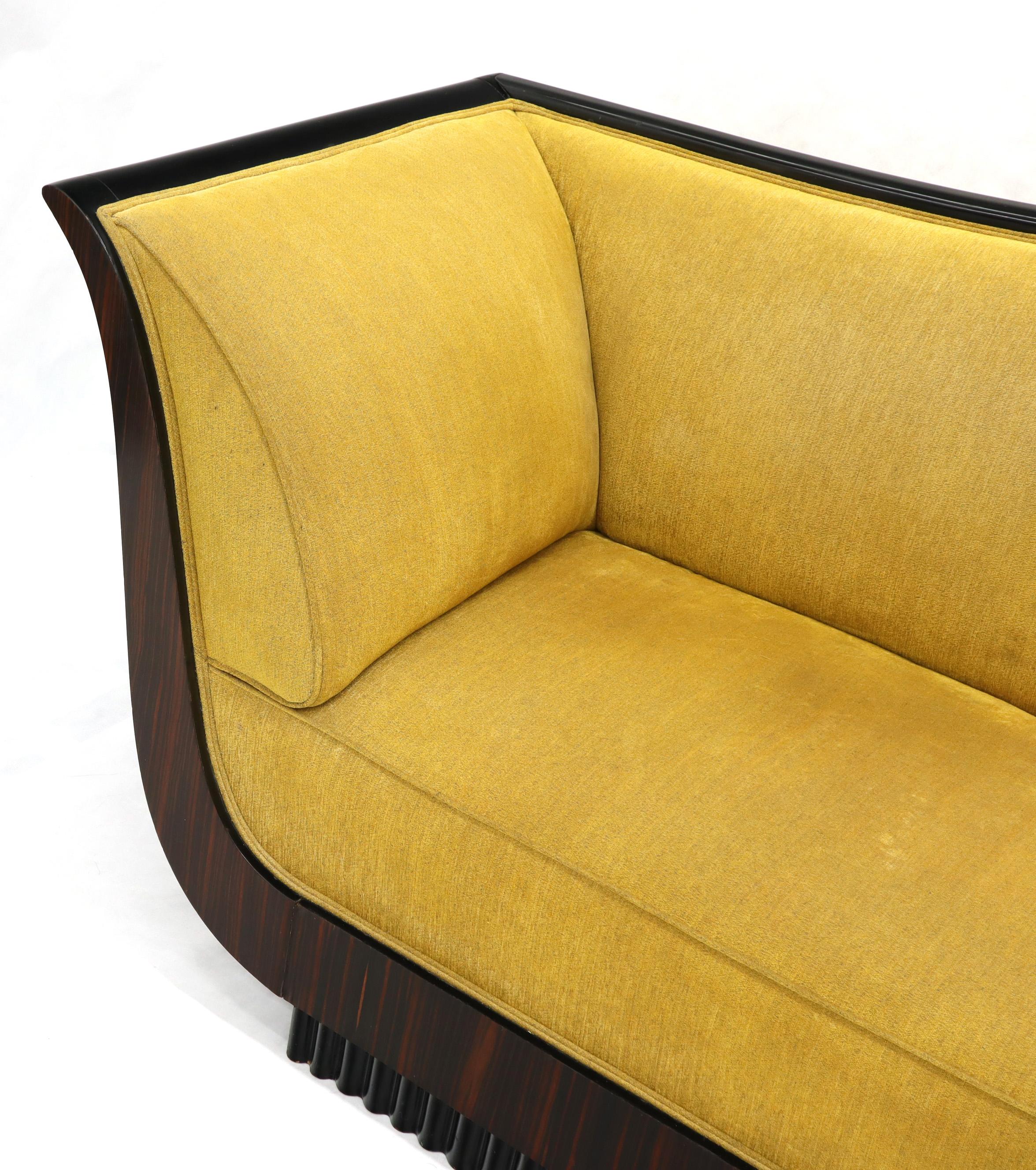 Lacquered Large French Art Deco Rosewood Sofa in Gold Upholstery Scalloped Edge For Sale