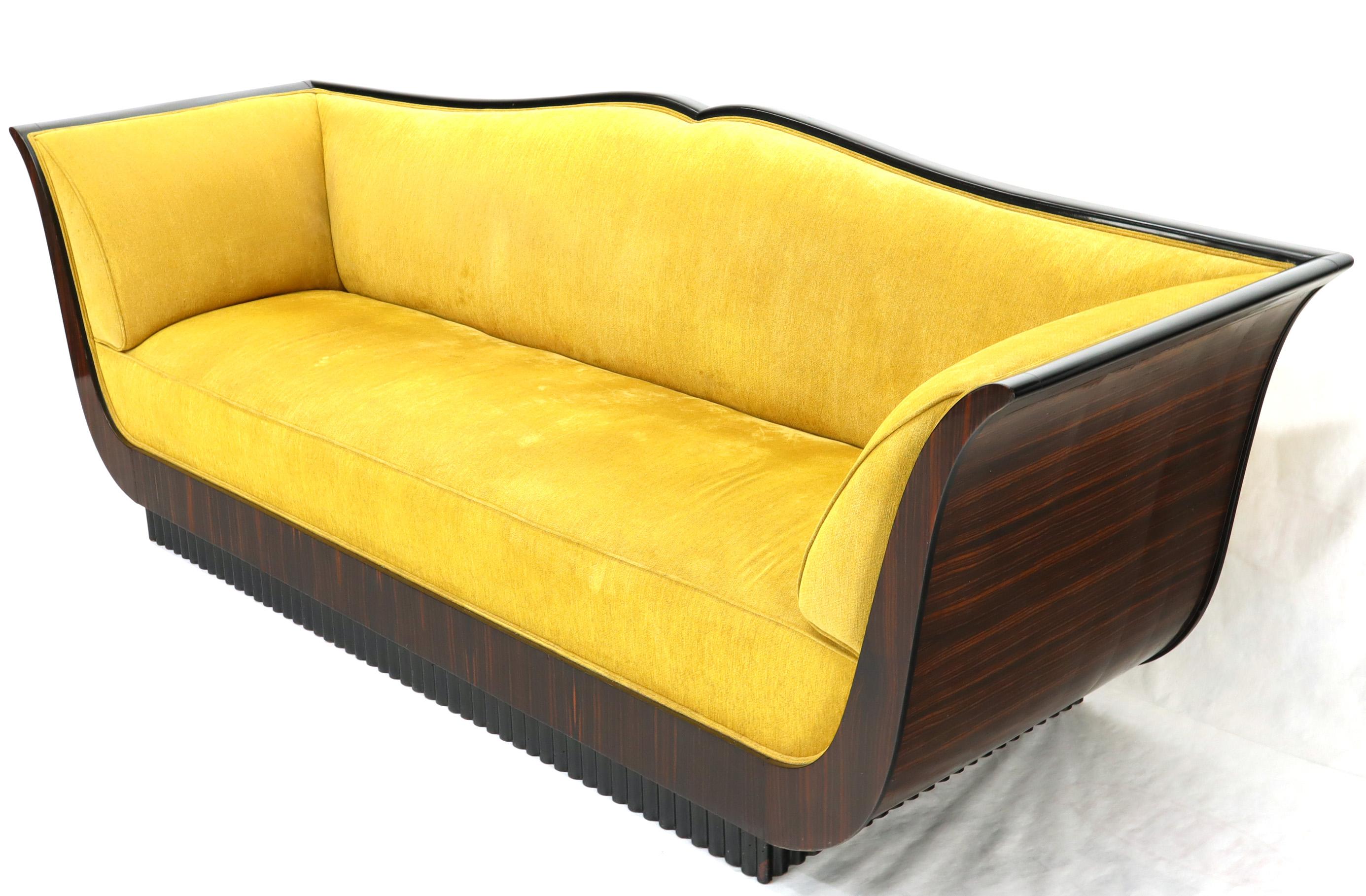 20th Century Large French Art Deco Rosewood Sofa in Gold Upholstery Scalloped Edge For Sale