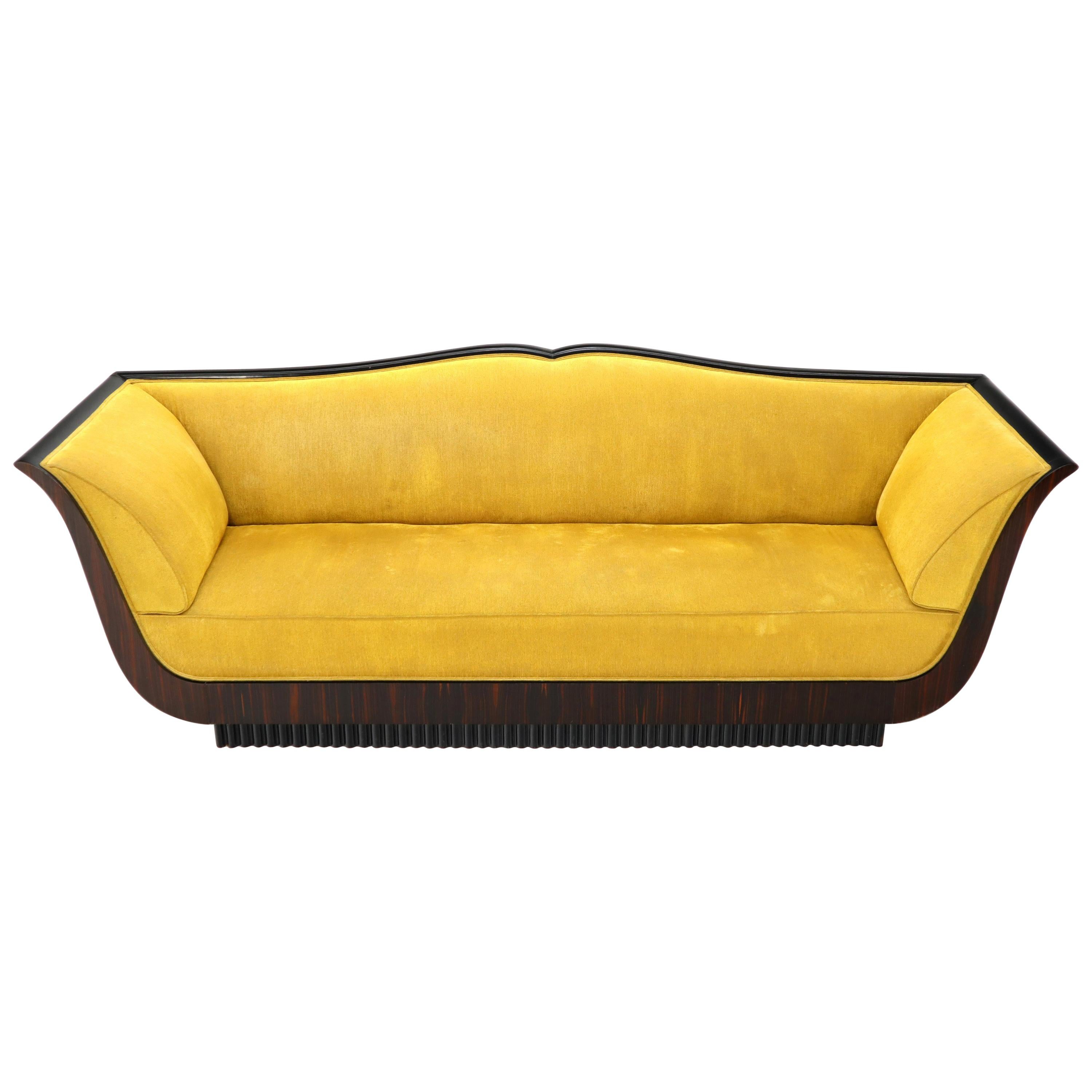 Large French Art Deco Rosewood Sofa in Gold Upholstery Scalloped Edge For Sale