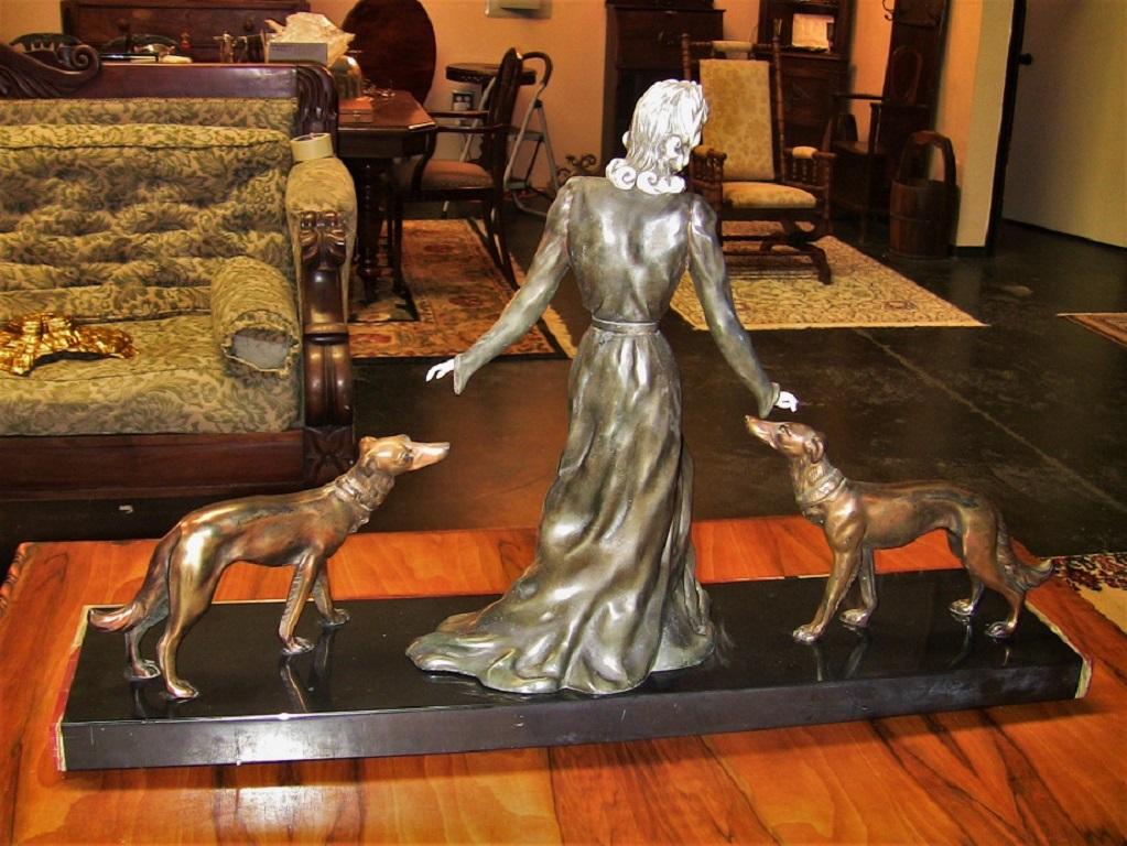 Large French Art Deco Sculpture of Bronze Lady with Borzoi Dogs 2