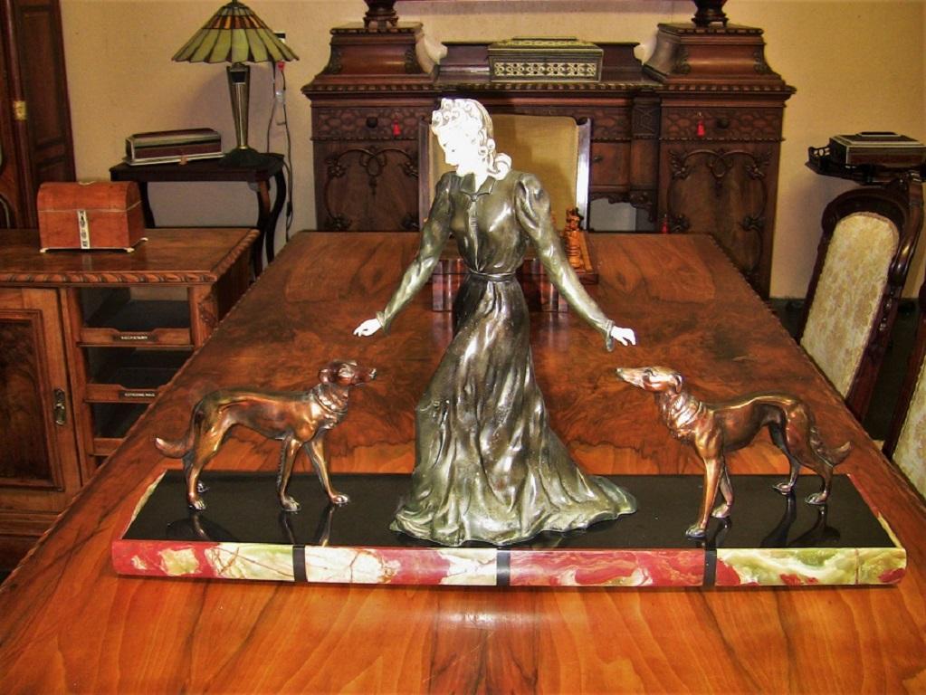 Large French Art Deco Sculpture of Bronze Lady with Borzoi Dogs 3