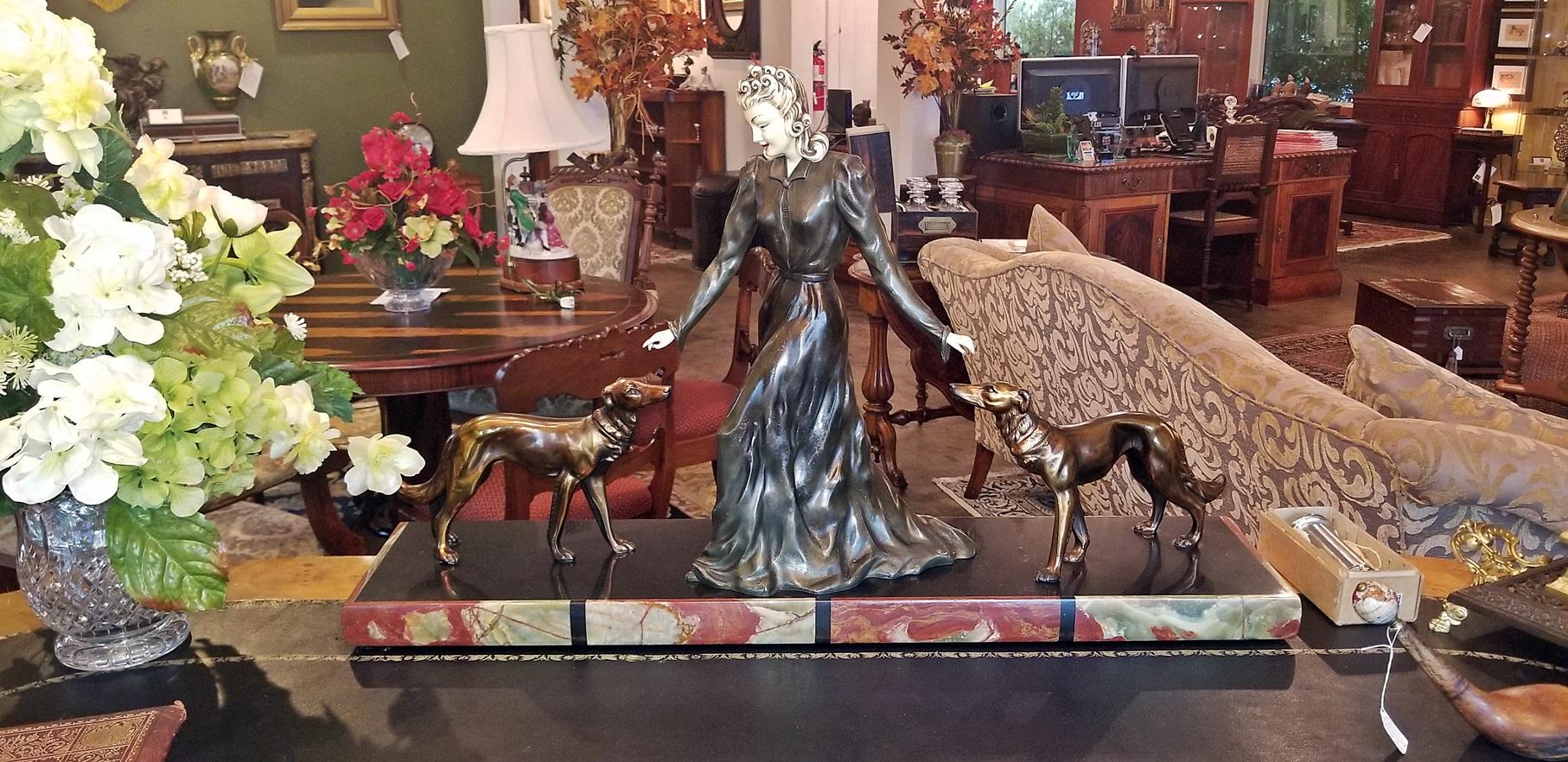 Large French Art Deco Sculpture of Bronze Lady with Borzoi Dogs 6