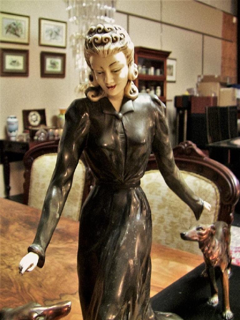 Hand-Carved Large French Art Deco Sculpture of Bronze Lady with Borzoi Dogs