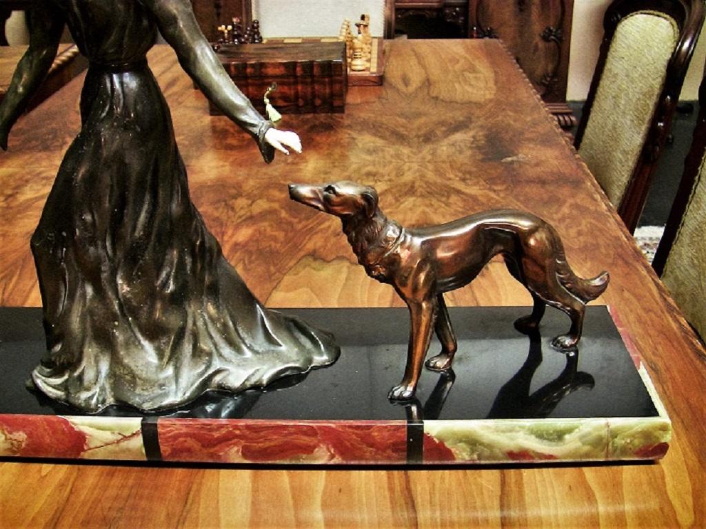 Large French Art Deco Sculpture of Bronze Lady with Borzoi Dogs In Excellent Condition In Dallas, TX