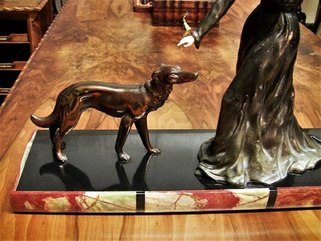 20th Century Large French Art Deco Sculpture of Bronze Lady with Borzoi Dogs