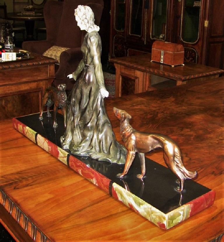 Large French Art Deco Sculpture of Bronze Lady with Borzoi Dogs 1