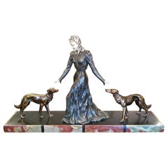 Large French Art Deco Sculpture of Bronze Lady with Borzoi Dogs