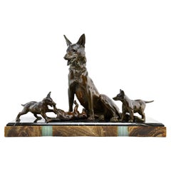 Large French Art Deco Shepherd Dog & Playful Puppies Sculpture, 1930