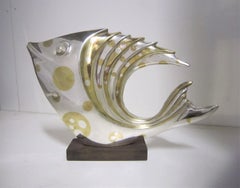 Large French Art Deco Silver and Parcel-Gilt Bronze Fish Sculpture, M.L Simard