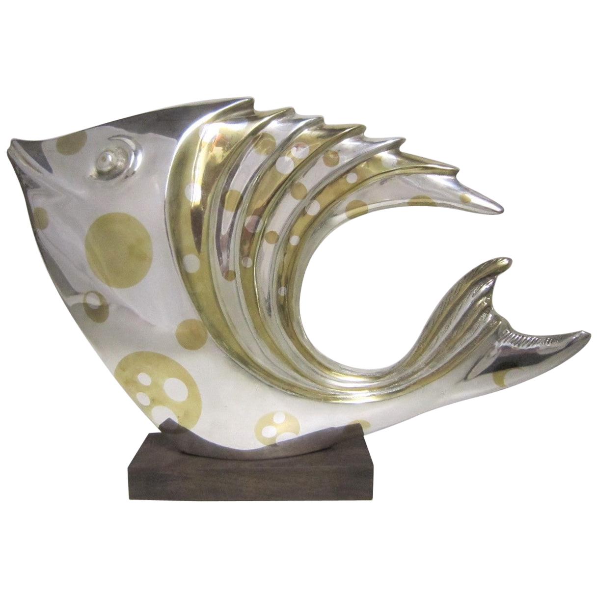 Large French Art Deco Silver and Parcel-Gilt Bronze Fish Sculpture, M.L Simard