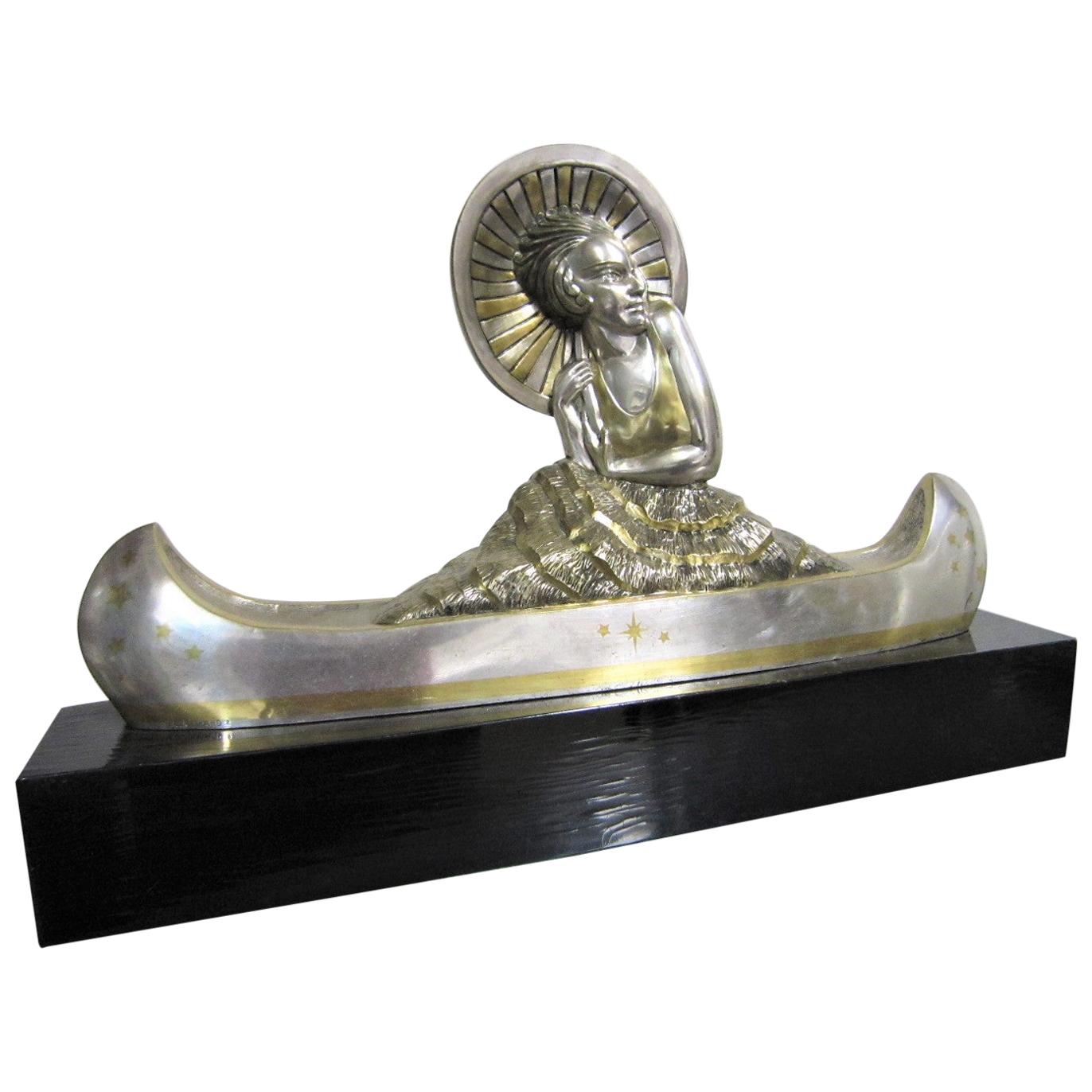 Large French Art Deco Silver and Parcel Gilt Bronze Woman in Canoe, M.L Simard For Sale