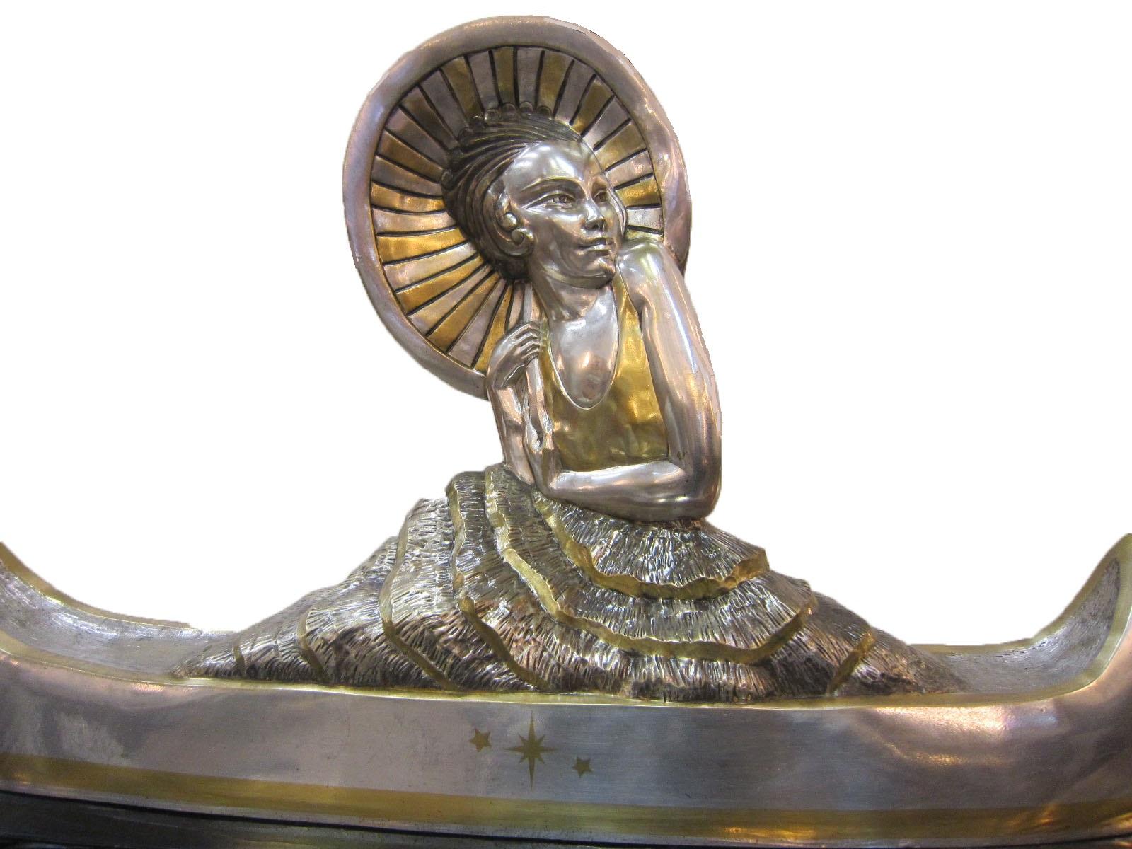 Large French Art Deco Silver and Parcel Gilt Bronze Woman in Canoe, M.L Simard For Sale 9