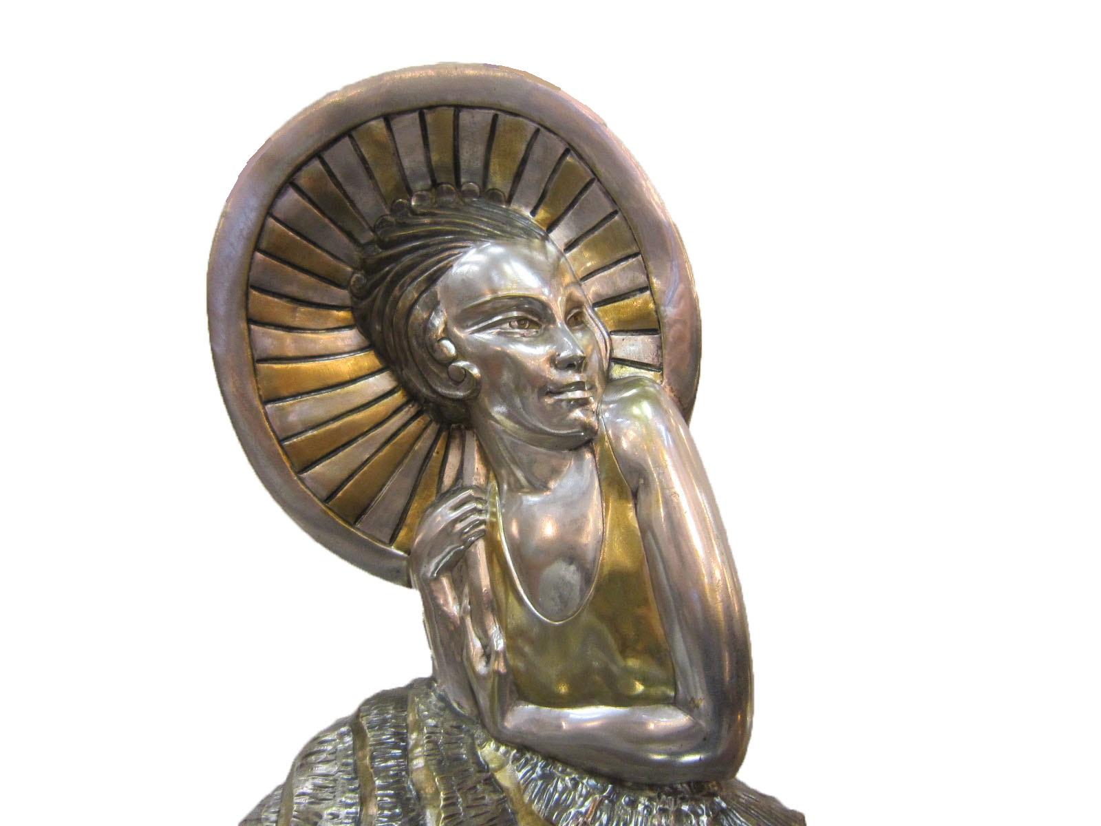 Large French Art Deco Silver and Parcel Gilt Bronze Woman in Canoe, M.L Simard For Sale 10