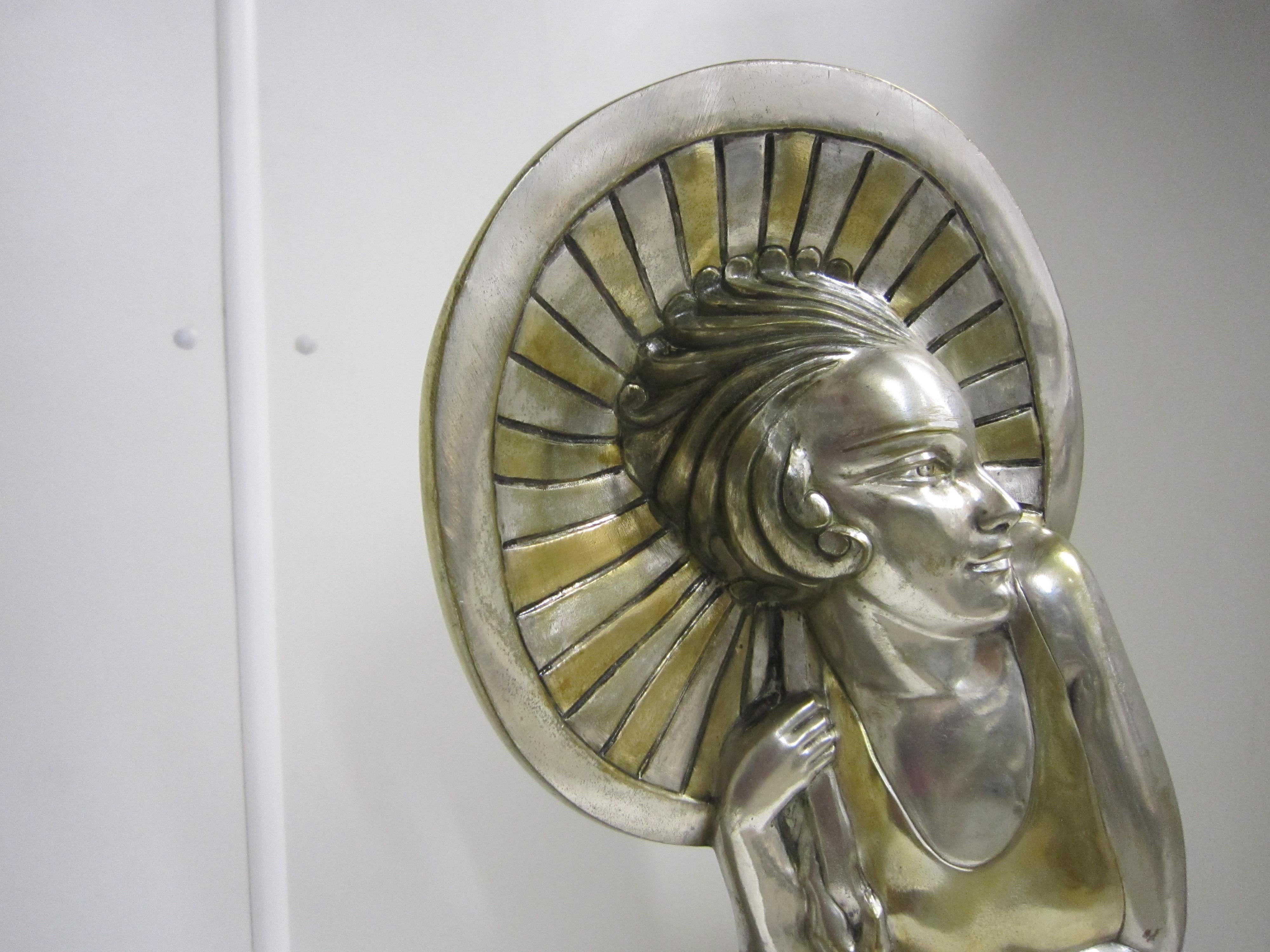 Große französische Art-Déco-Frau in Kanus, Silber und vergoldete Bronze, M.L Simard im Angebot 9