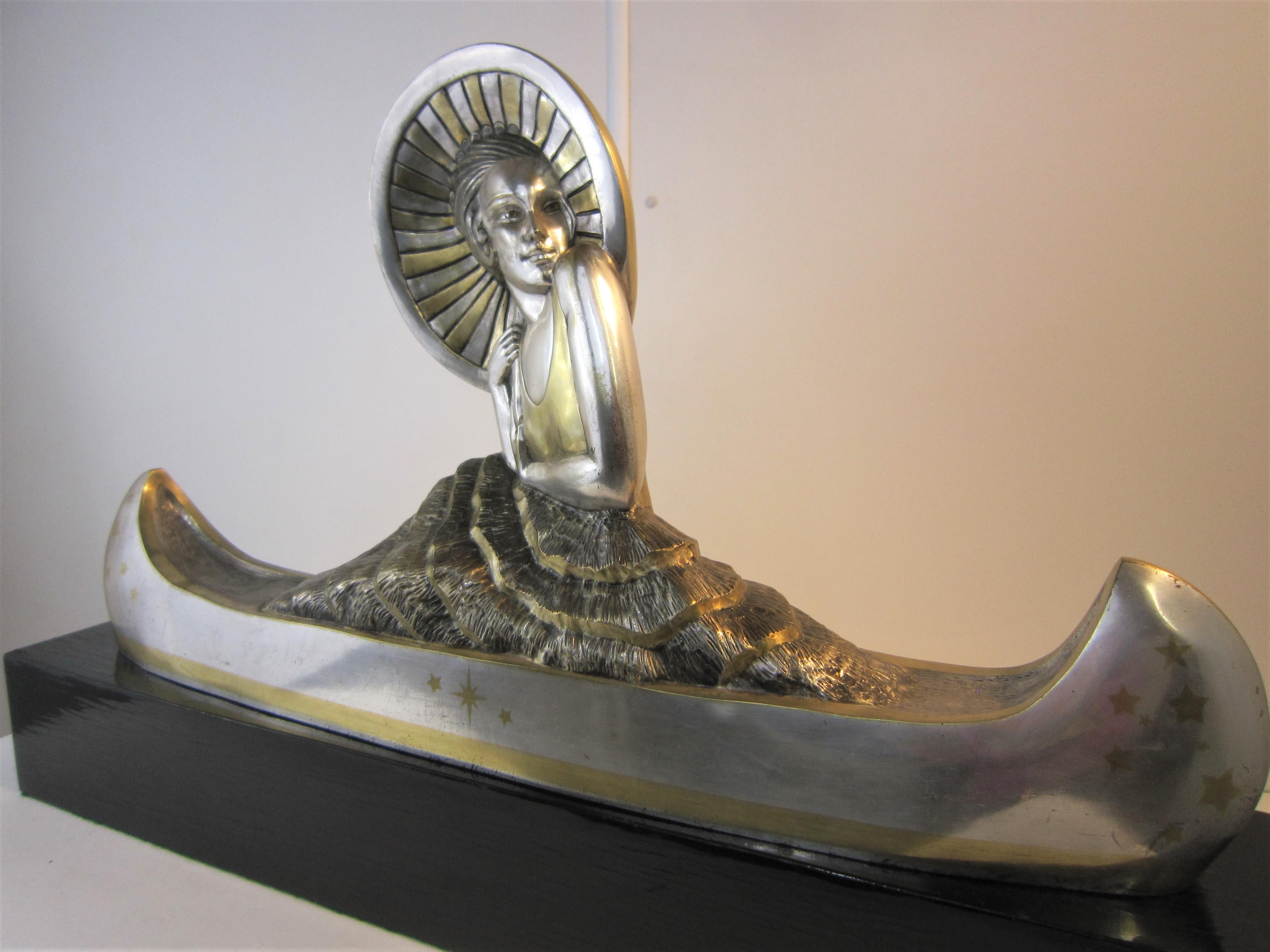 Large French Art Deco Silver and Parcel Gilt Bronze Woman in Canoe, M.L Simard For Sale 12