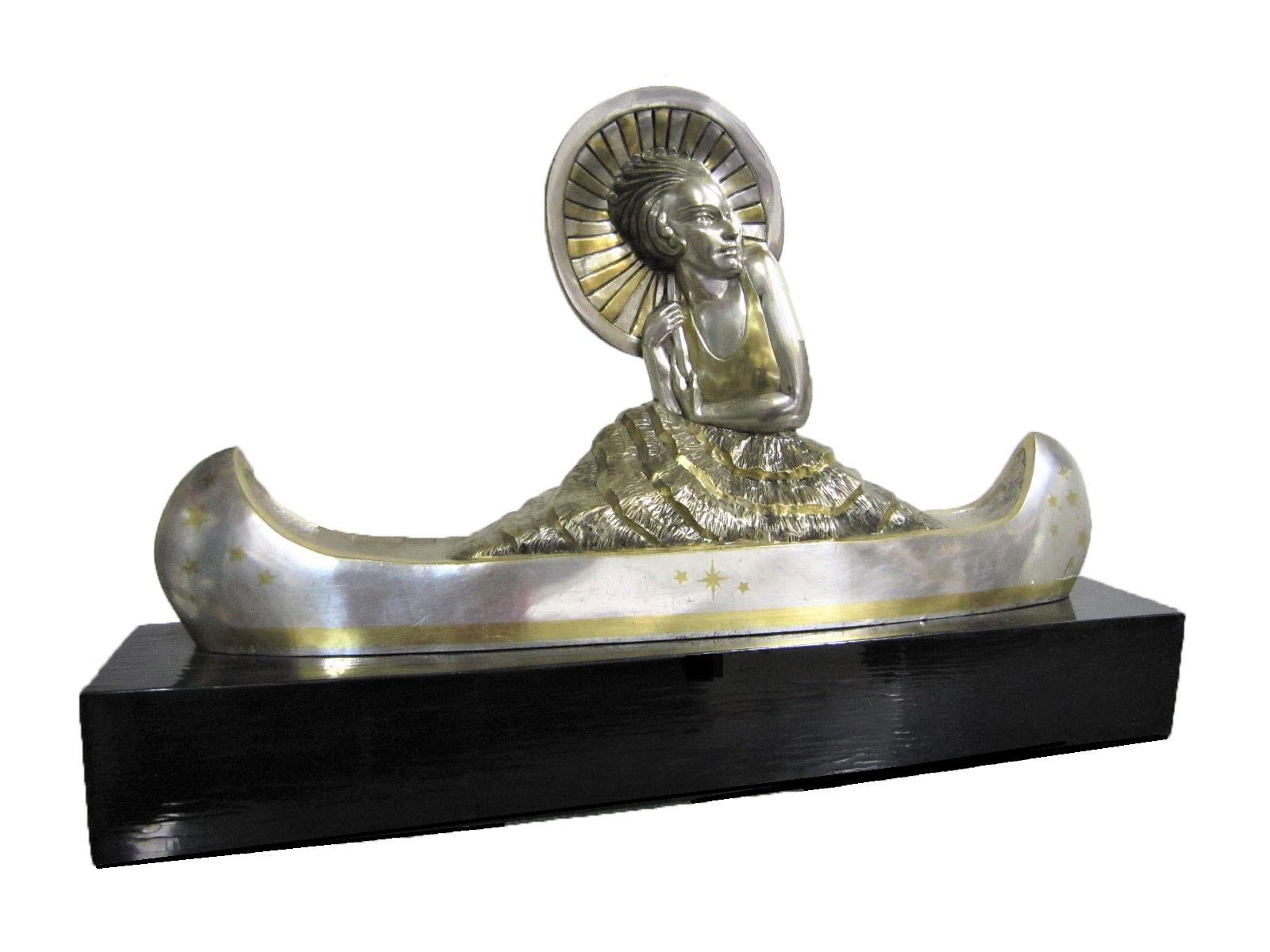 Large French Art Deco Silver and Parcel Gilt Bronze Woman in Canoe, M.L Simard For Sale 13