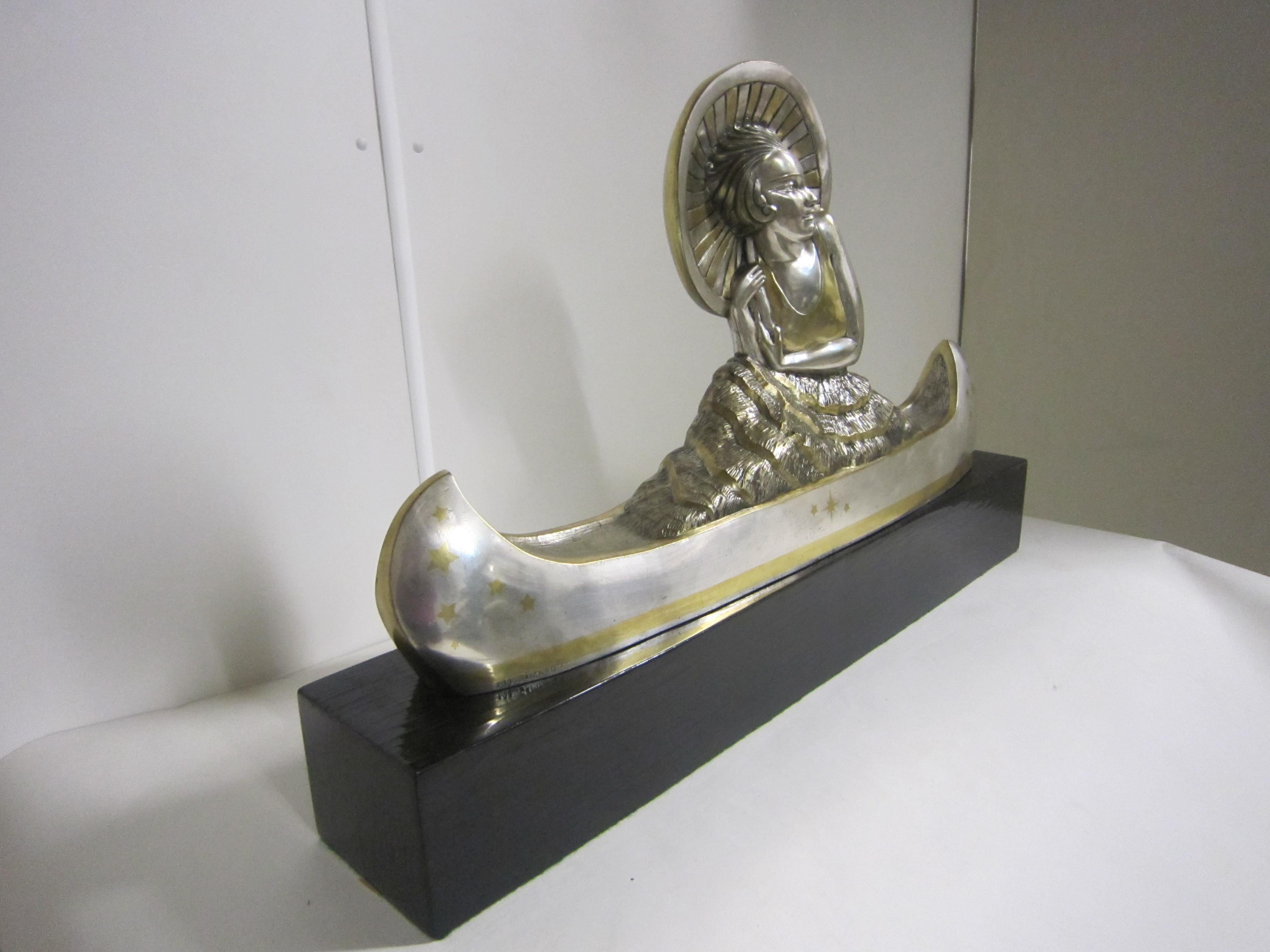 Large French Art Deco Silver and Parcel Gilt Bronze Woman in Canoe, M.L Simard For Sale 14
