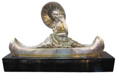 Large French Art Deco Silver and Parcel Gilt Bronze Woman in Canoe, M.L Simard