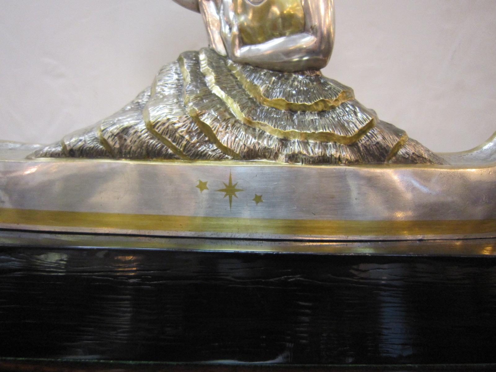 Large French Art Deco Silver and Parcel Gilt Bronze Woman in Canoe, M.L Simard For Sale 3