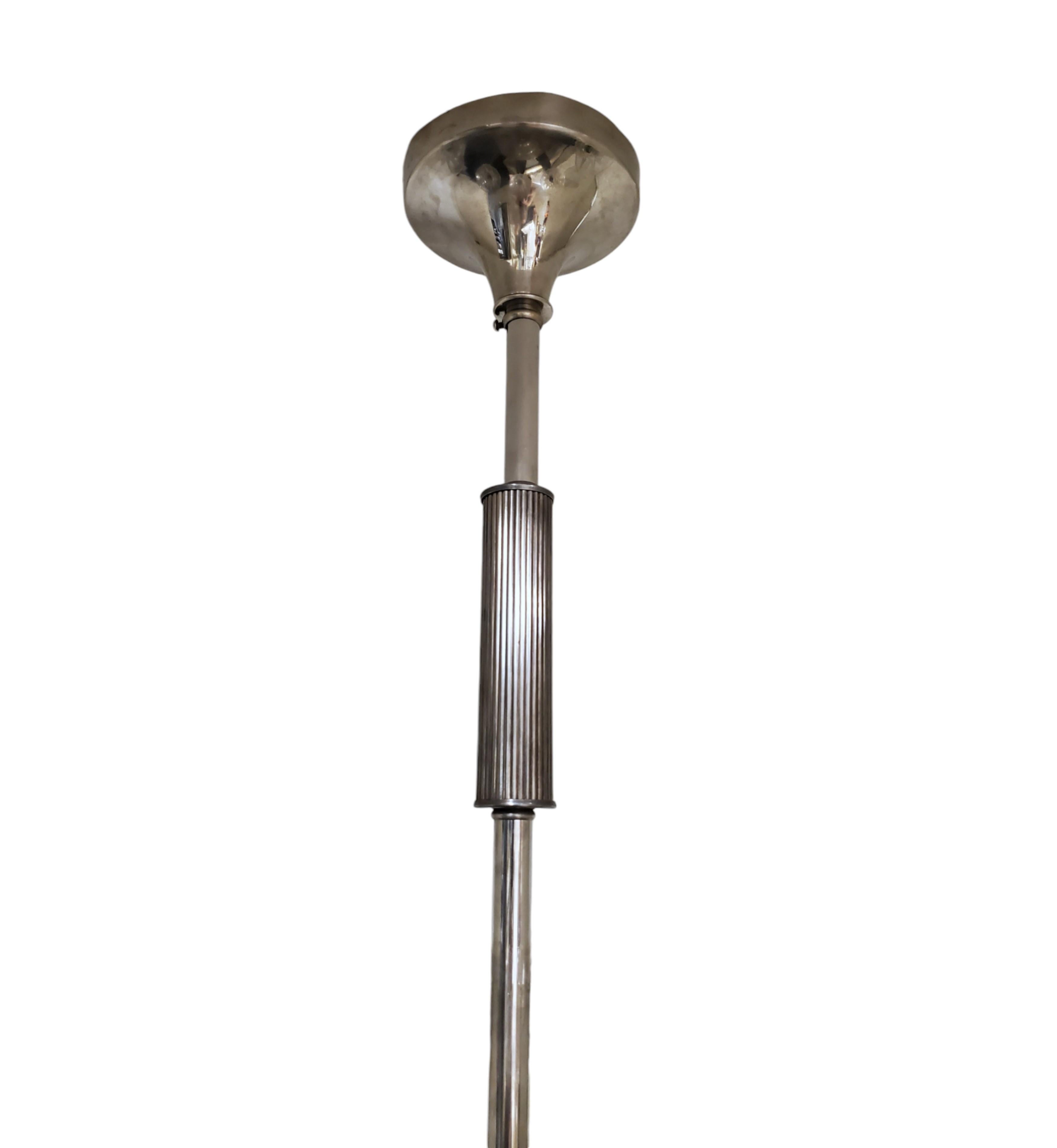 Large French Art Deco six arm nickeled bronze, art glass star chandelier Petitot For Sale 4