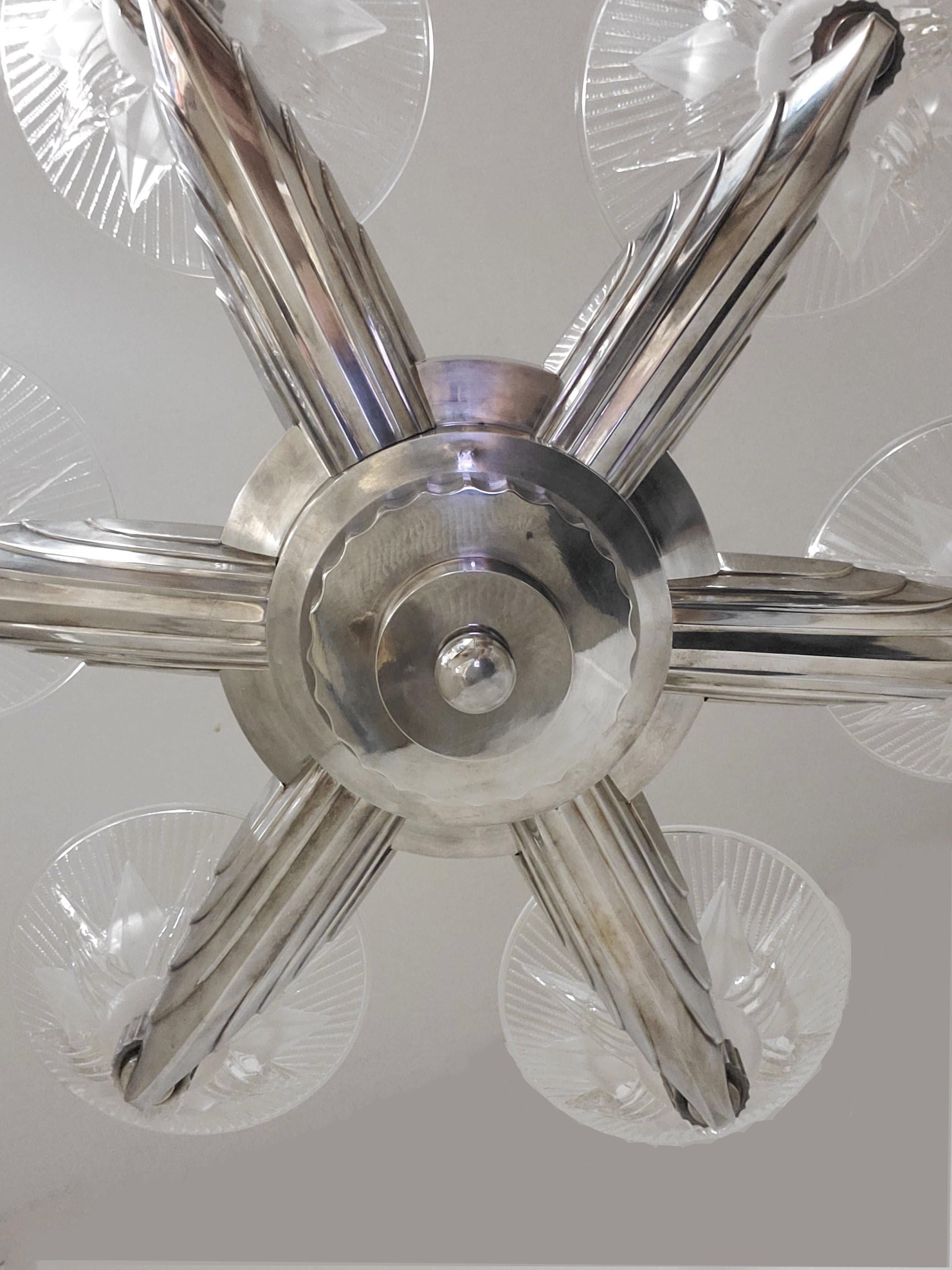 Large French Art Deco six arm nickeled bronze, art glass star chandelier Petitot For Sale 5