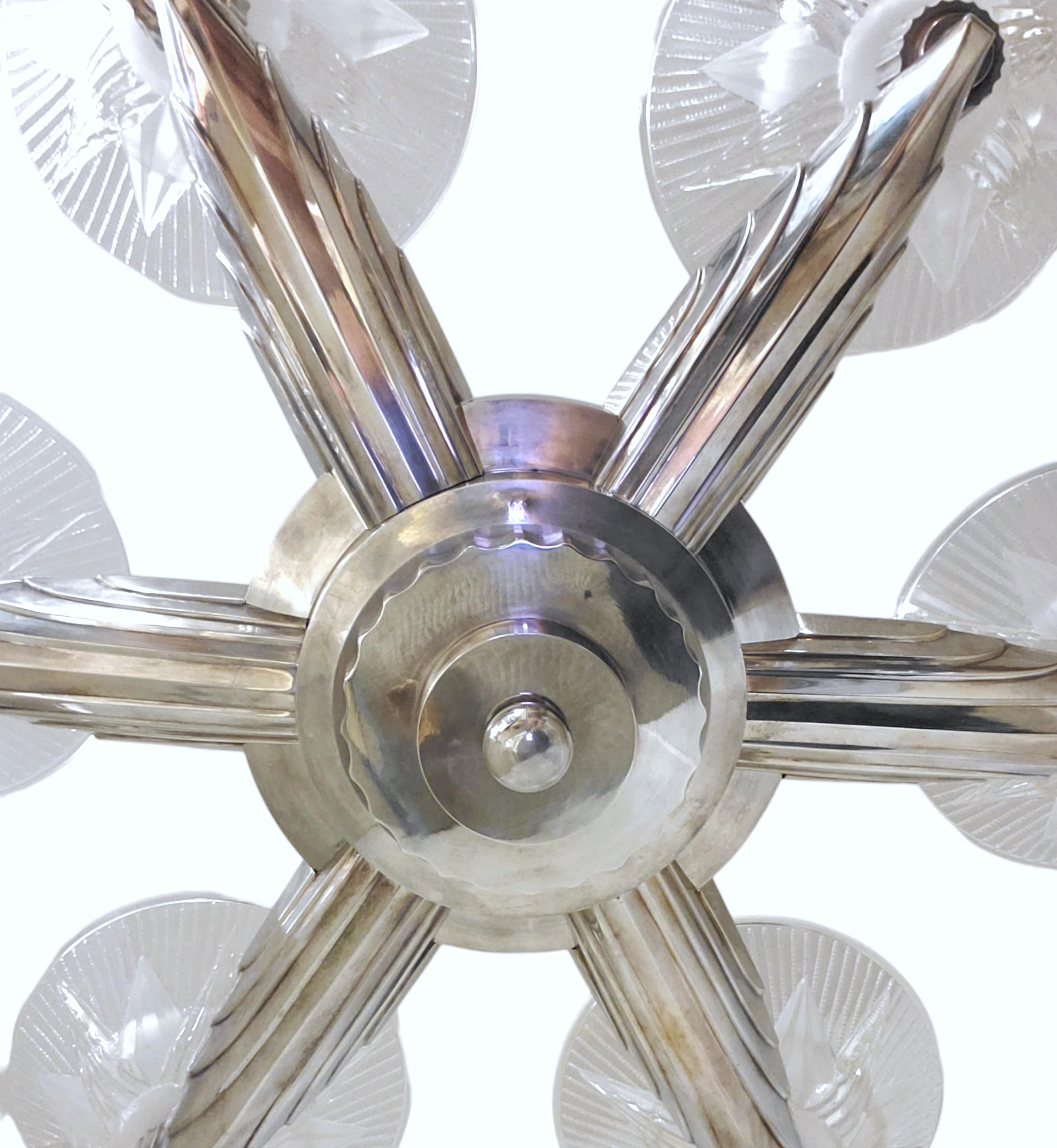 Large French Art Deco six arm nickeled bronze, art glass star chandelier Petitot For Sale 6