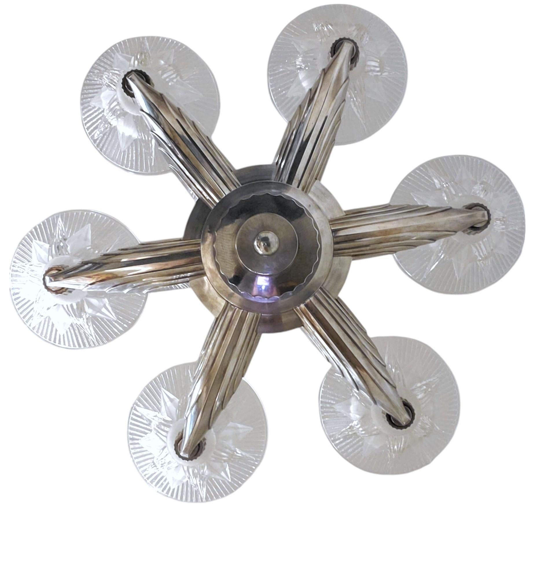 Large French Art Deco six arm nickeled bronze, art glass star chandelier Petitot For Sale 12