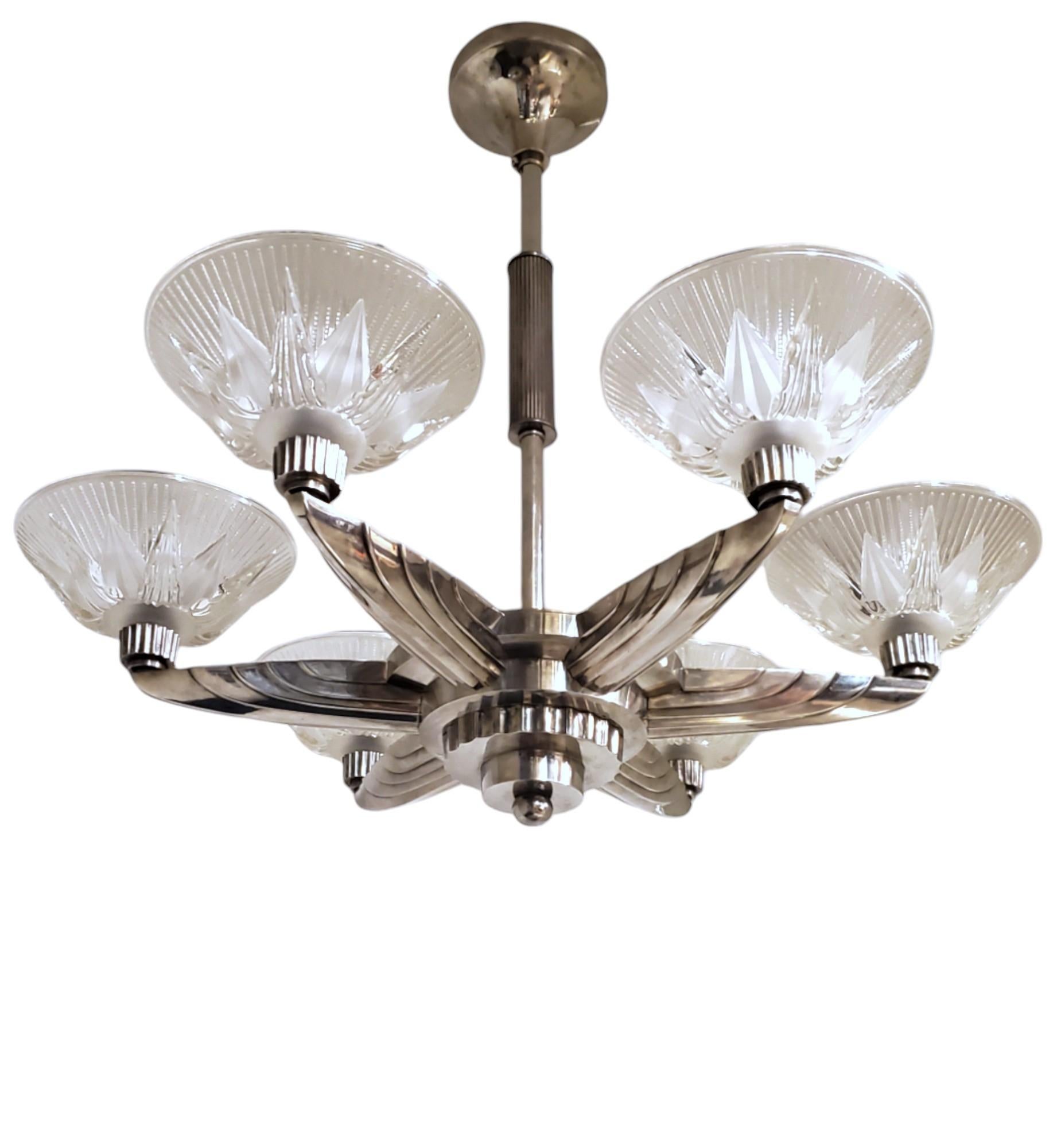 Large French Art Deco six arm nickeled bronze, art glass star chandelier Petitot In Good Condition For Sale In New York City, NY