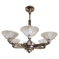 Antique Large French Art Deco six arm nickeled bronze, art glass star chandelier Petitot