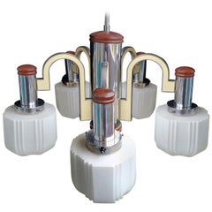Large French Art Deco Skyscraper Opaline Glass Shades 5-Light Chrome Chandelier