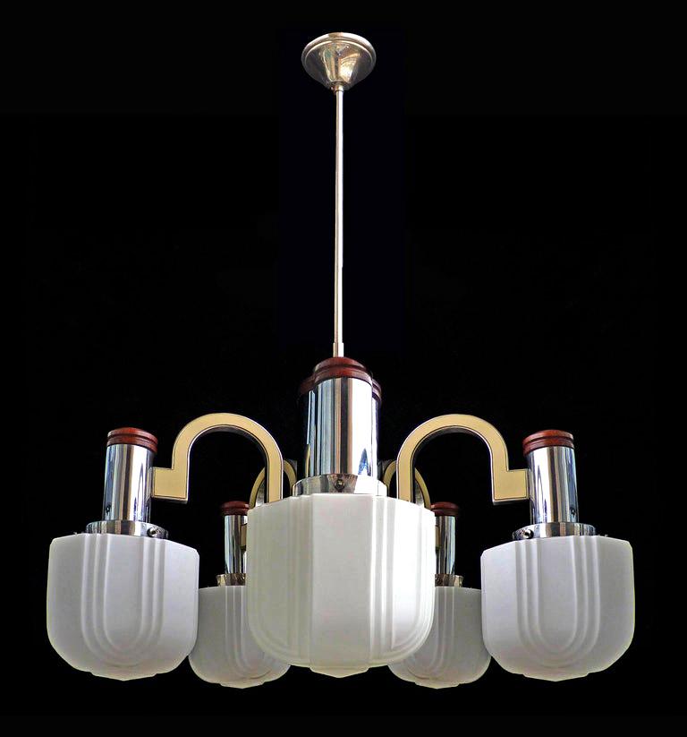 Large French Art Deco Skyscraper Opaline Glass Shades 5-Light Chrome Chandelier In Excellent Condition For Sale In Coimbra, PT