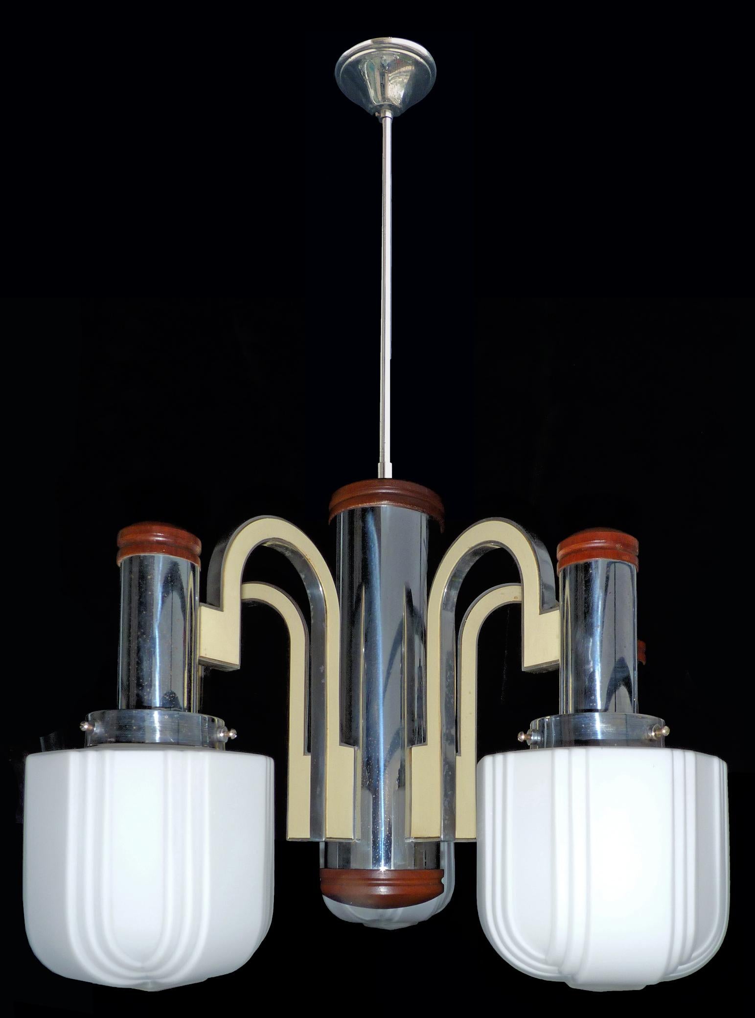 Mid-20th Century Large French Art Deco Skyscraper Opaline Glass Shades 5-Light Chrome Chandelier For Sale